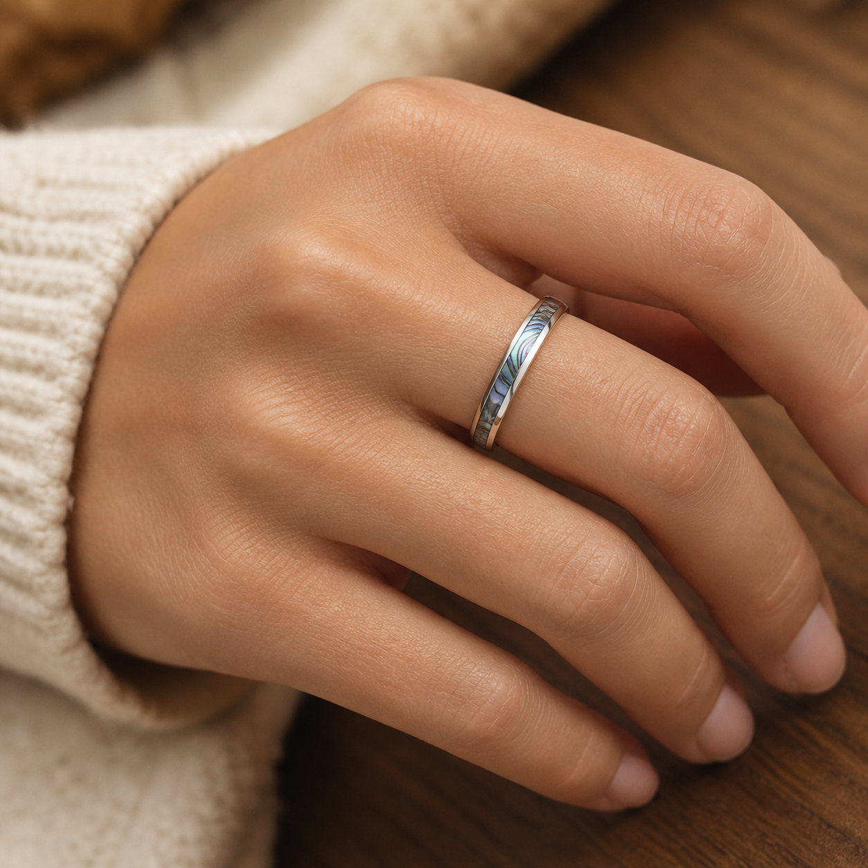 Thin Tungsten Carbide Ring with Abalone Shell Inlay - 4mm, Dome Shape, Comfort Fitment
