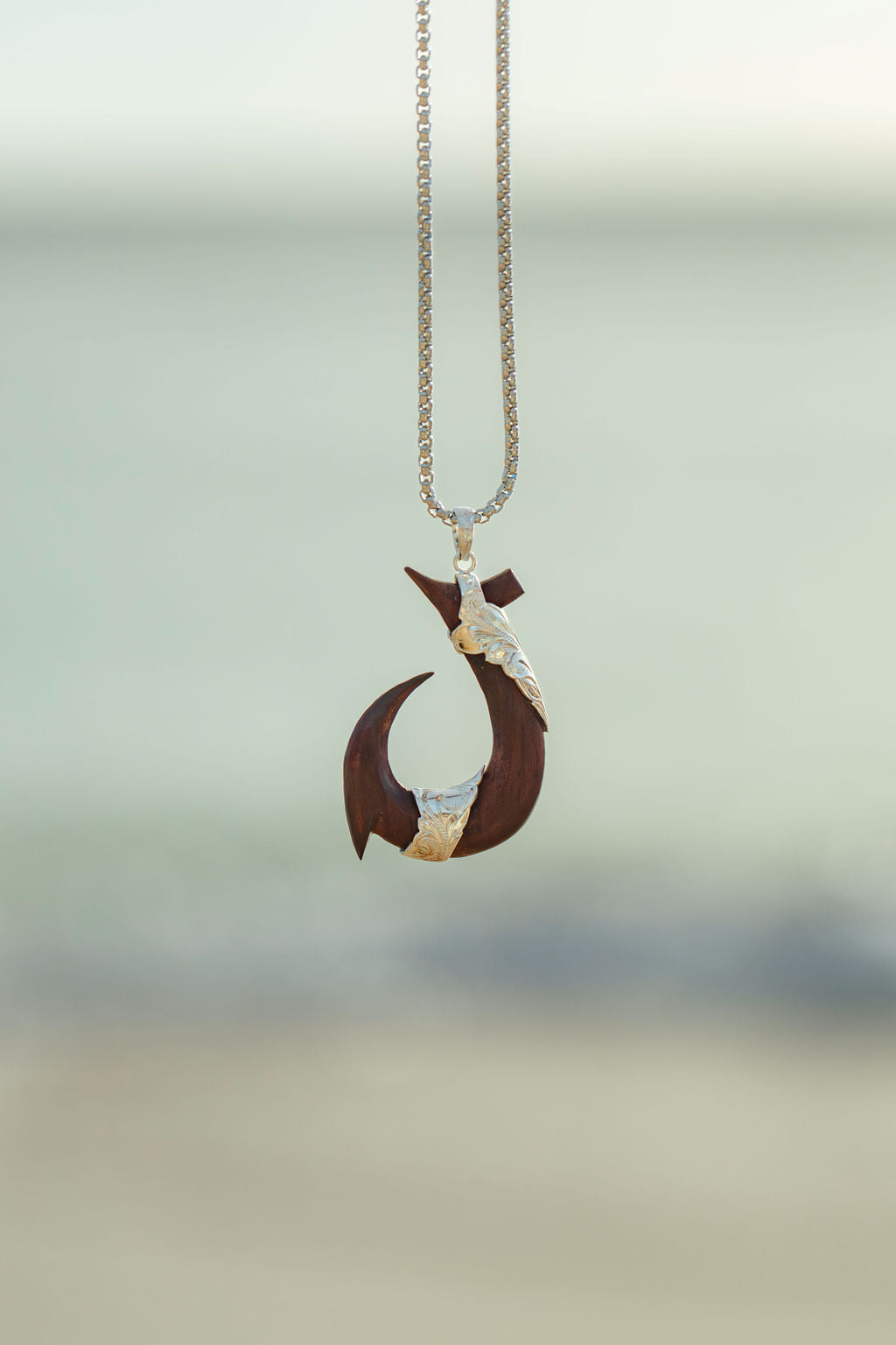 Solid Hawaiian Koa Wood Sterling Silver Fish Hook 'Makau' Necklace Pendant