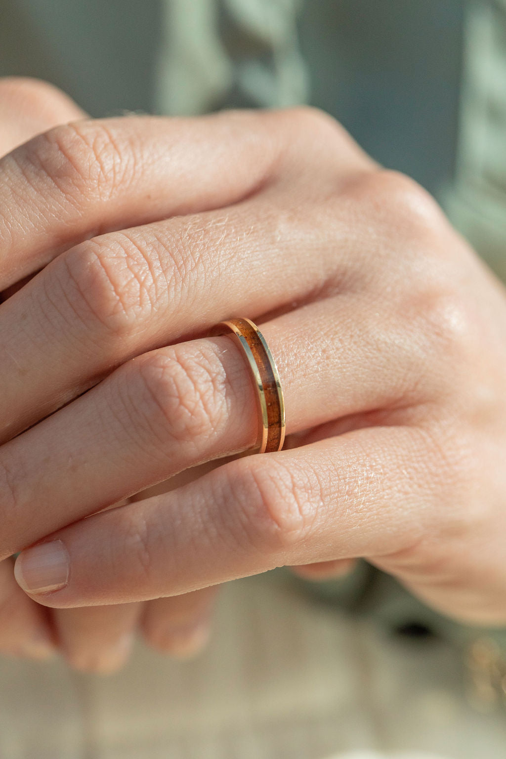 14K Gold Ring with Koa Wood Inlay - 3mm, Flat Shape, Standard Fitment