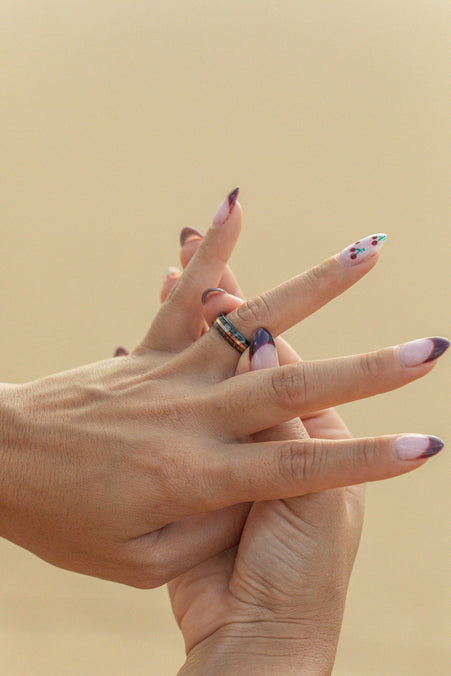 Black Titanium Mid-Rose Gold Strip Ring [6mm width] Meteorite & Hawaiian Koa Wood