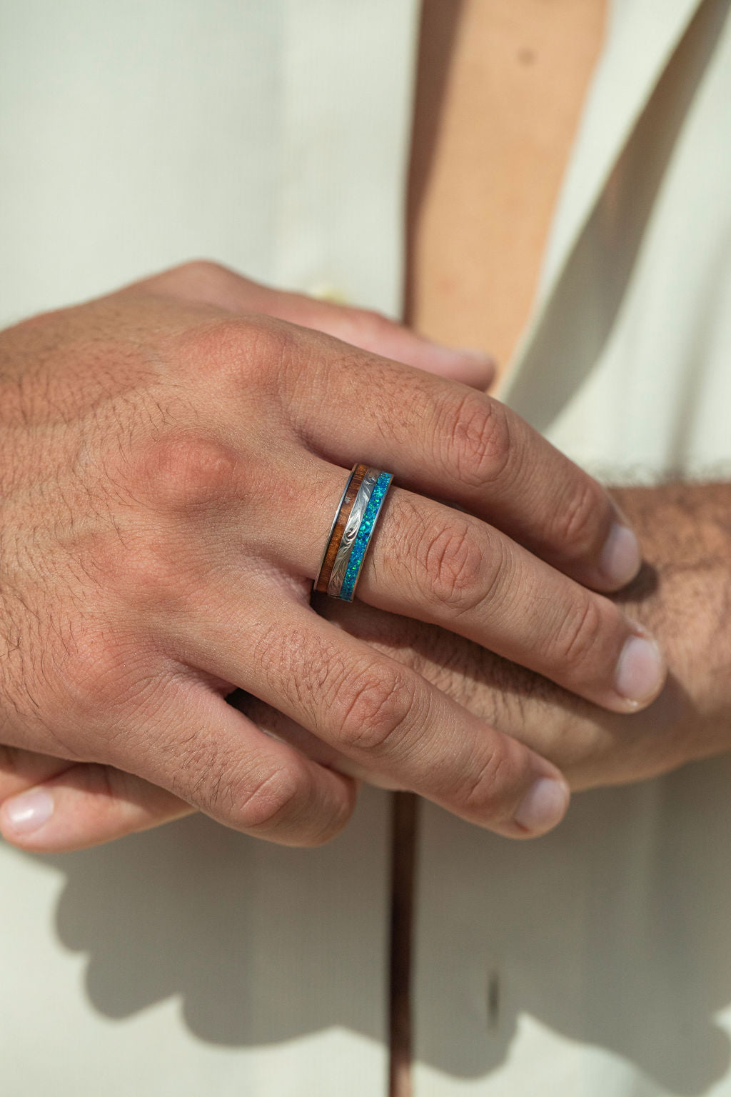 Titanium Hand Engraved Ring [8mm width] Azure Blue Opal