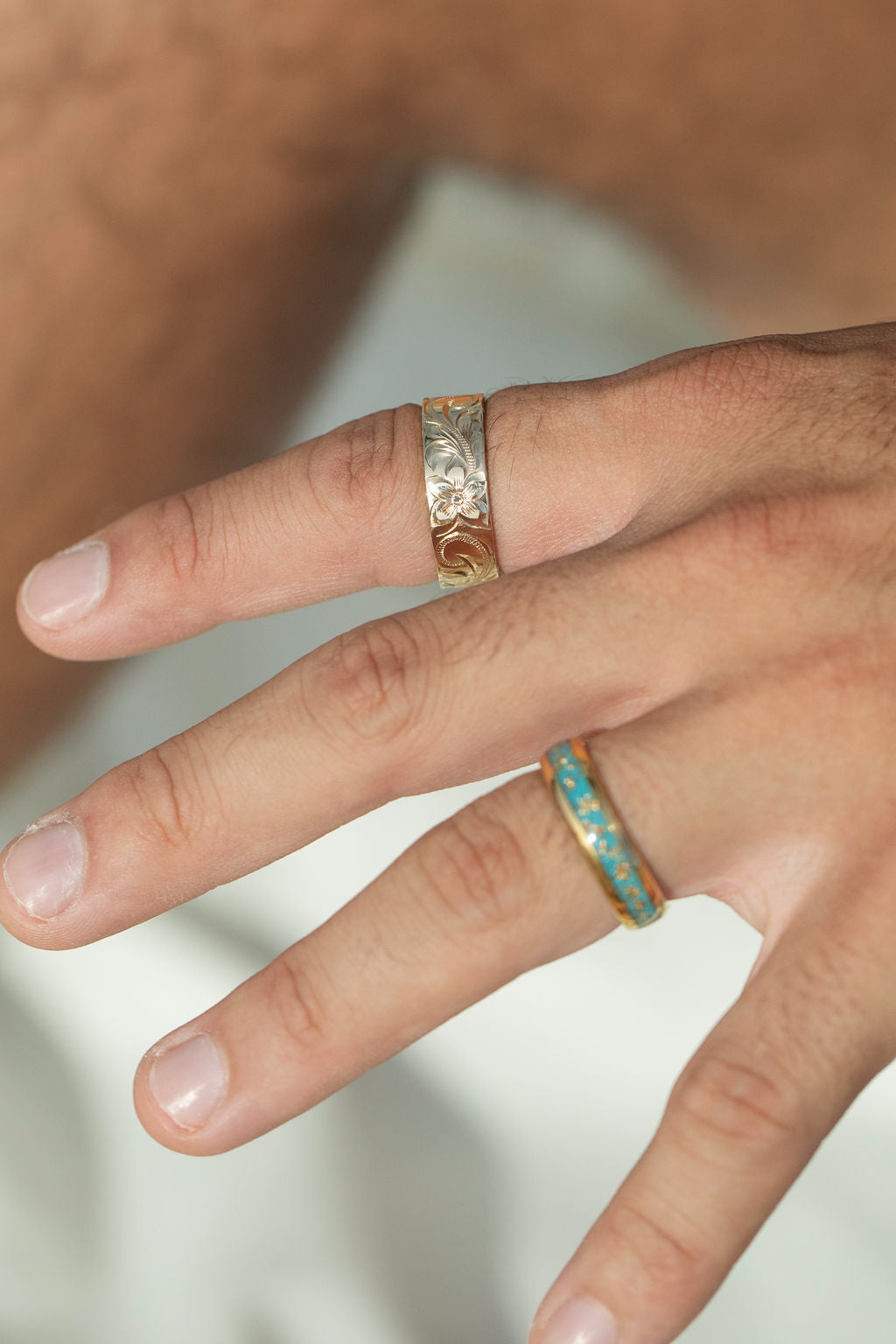 Titanium Hand Engraved Hawaiian Plumeria Scroll Band Ring - 6mm Width