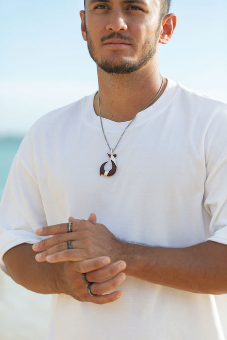 Solid Hawaiian Koa Wood Sterling Silver Fish Hook 'Makau' Necklace Pendant