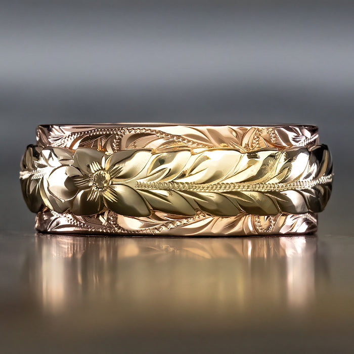 14K Two Tone Gold Ring [8x5mm] Hand Engraved Maile Leaf & Heritage Design
