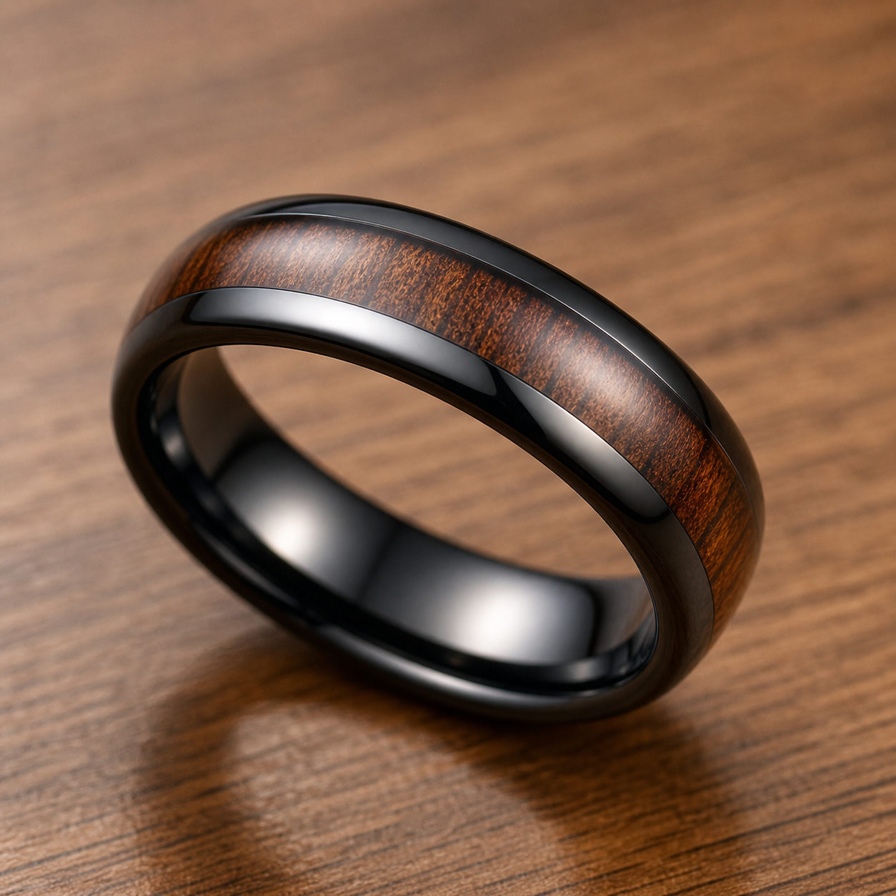 HI-TECH Black Ceramic Ring with Hawaiian Koa Wood Inlay - 6mm, Dome Shape, Comfort Fitment