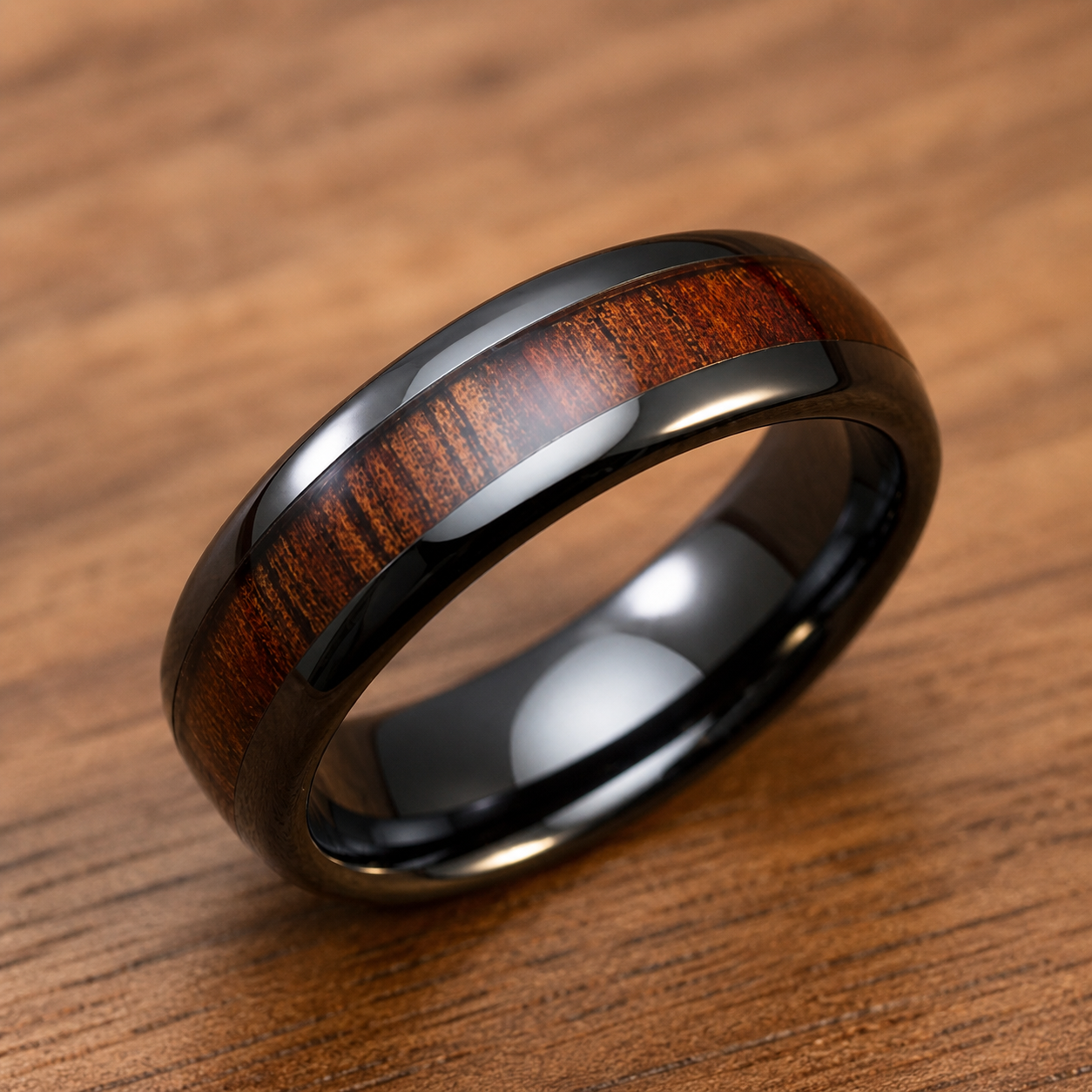 HI-TECH Black Ceramic Ring with Hawaiian Koa Wood Inlay - 6mm, Dome Shape, Comfort Fitment