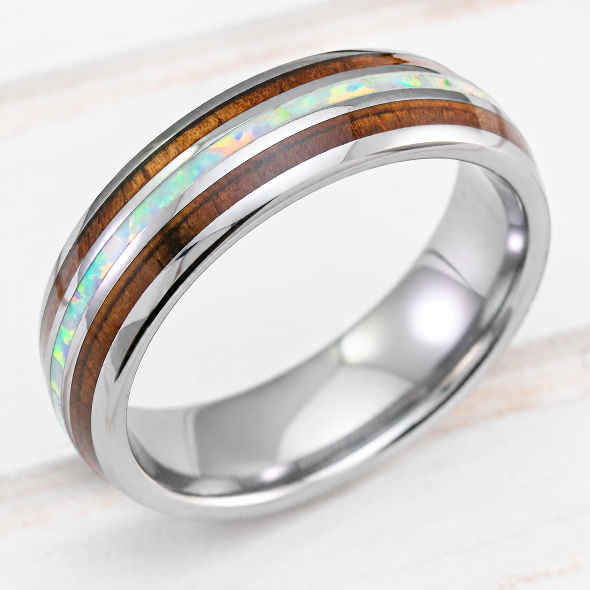6mm tungsten ring with white opal and Hawaiian koa wood inlays, clean product image