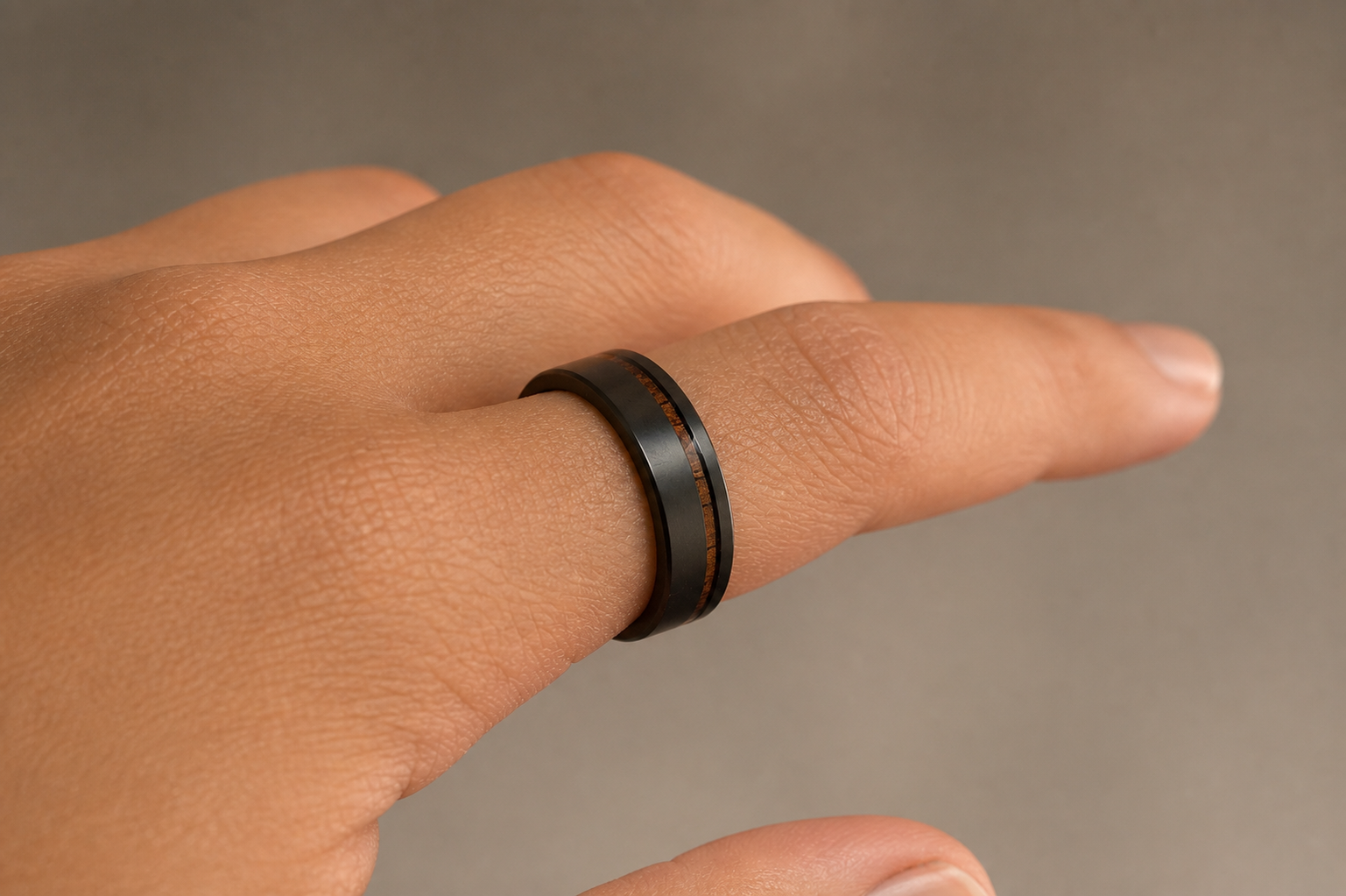 Black Titanium Sand Blast Matte Ring [7mm width] Hawai'i Koa Wood