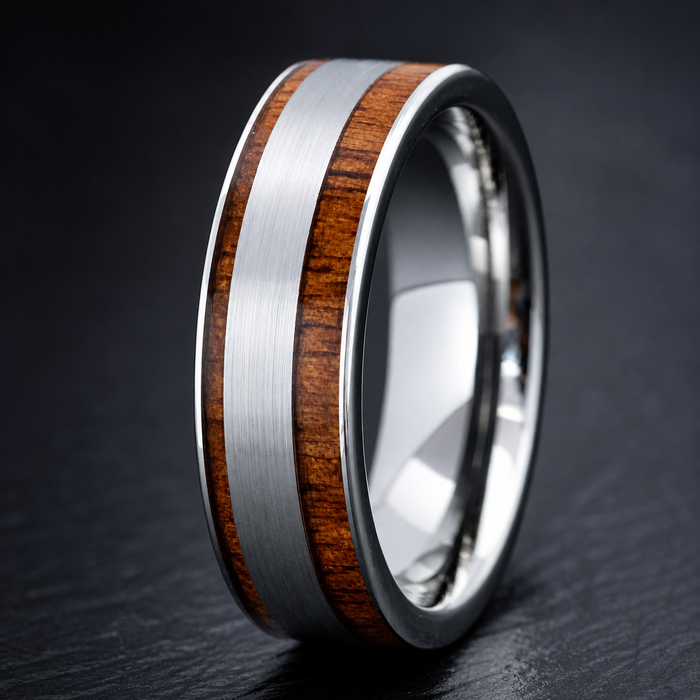 Tungsten Carbide Ring [7mm width] Offset Brush Finish & Hawaiian Koa Inlay - Flat Shape, Comfort Fitment