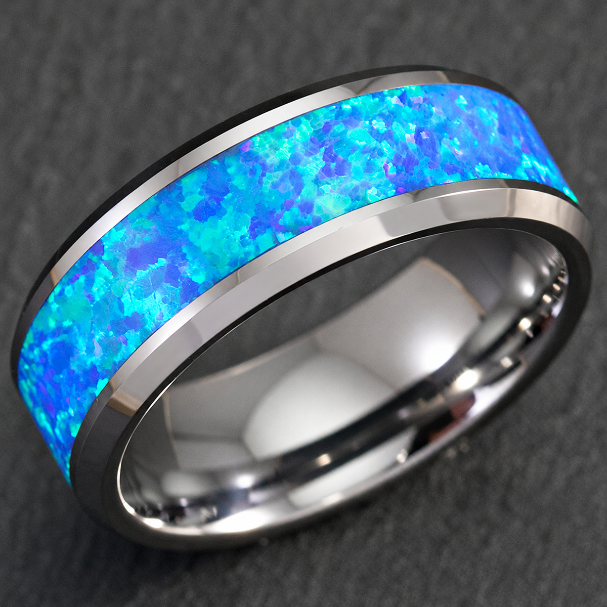8mm tungsten carbide beveled ring with blue opal inlay, clean product image