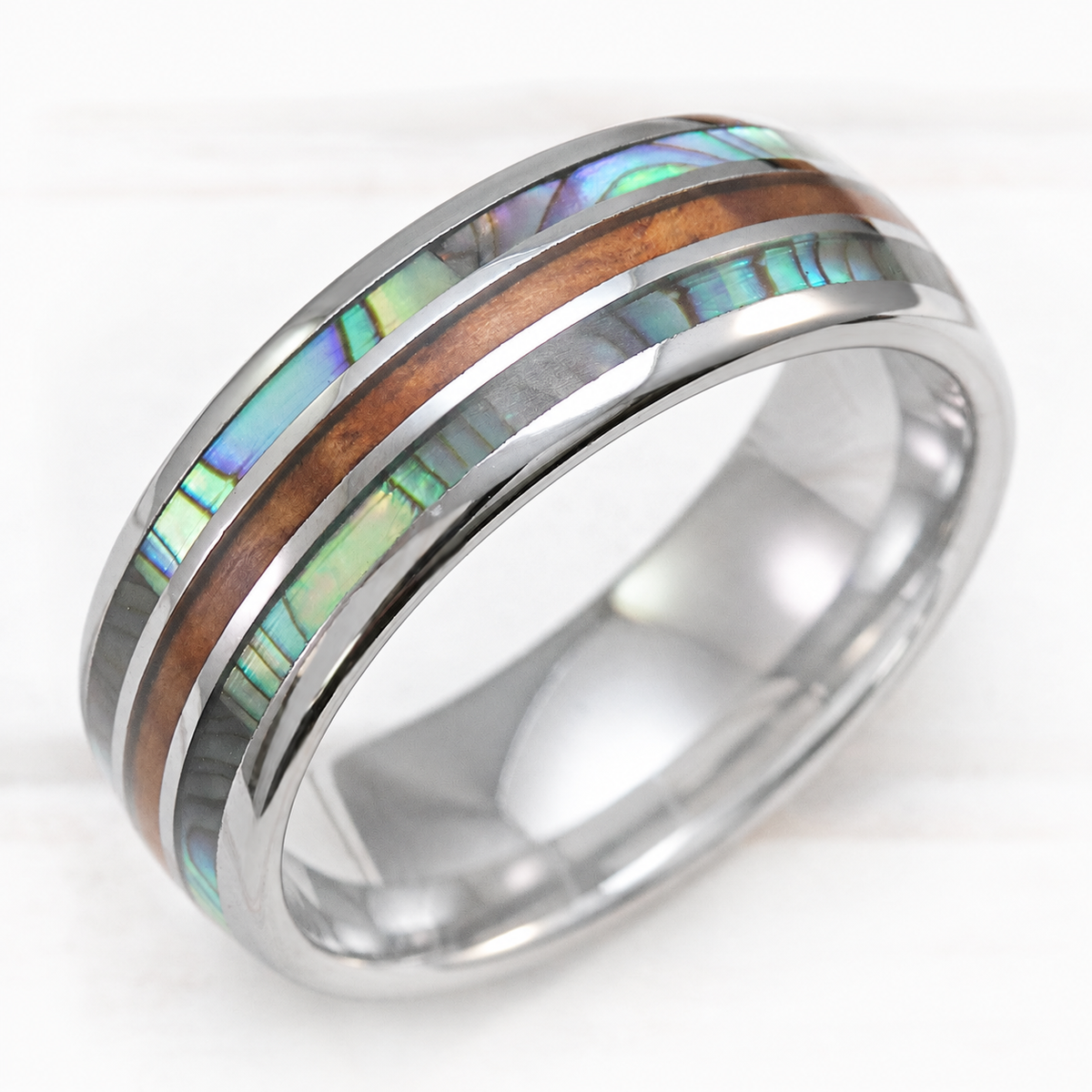 Tungsten ring with abalone shell and Hawaiian koa wood tri-inlay