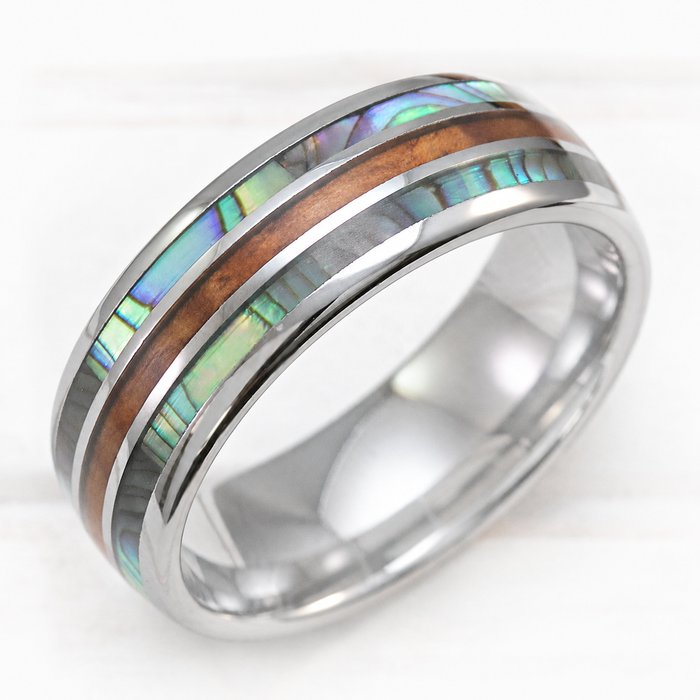 Tungsten ring with abalone shell and Hawaiian koa wood tri-inlay