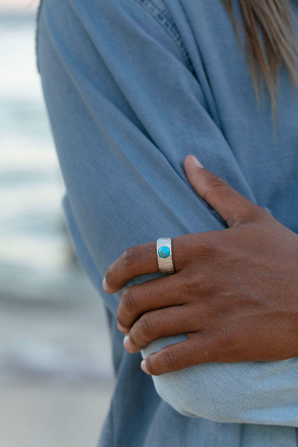 Sterling Silver Ring 'The World' [10mm width] Kingman Turquoise