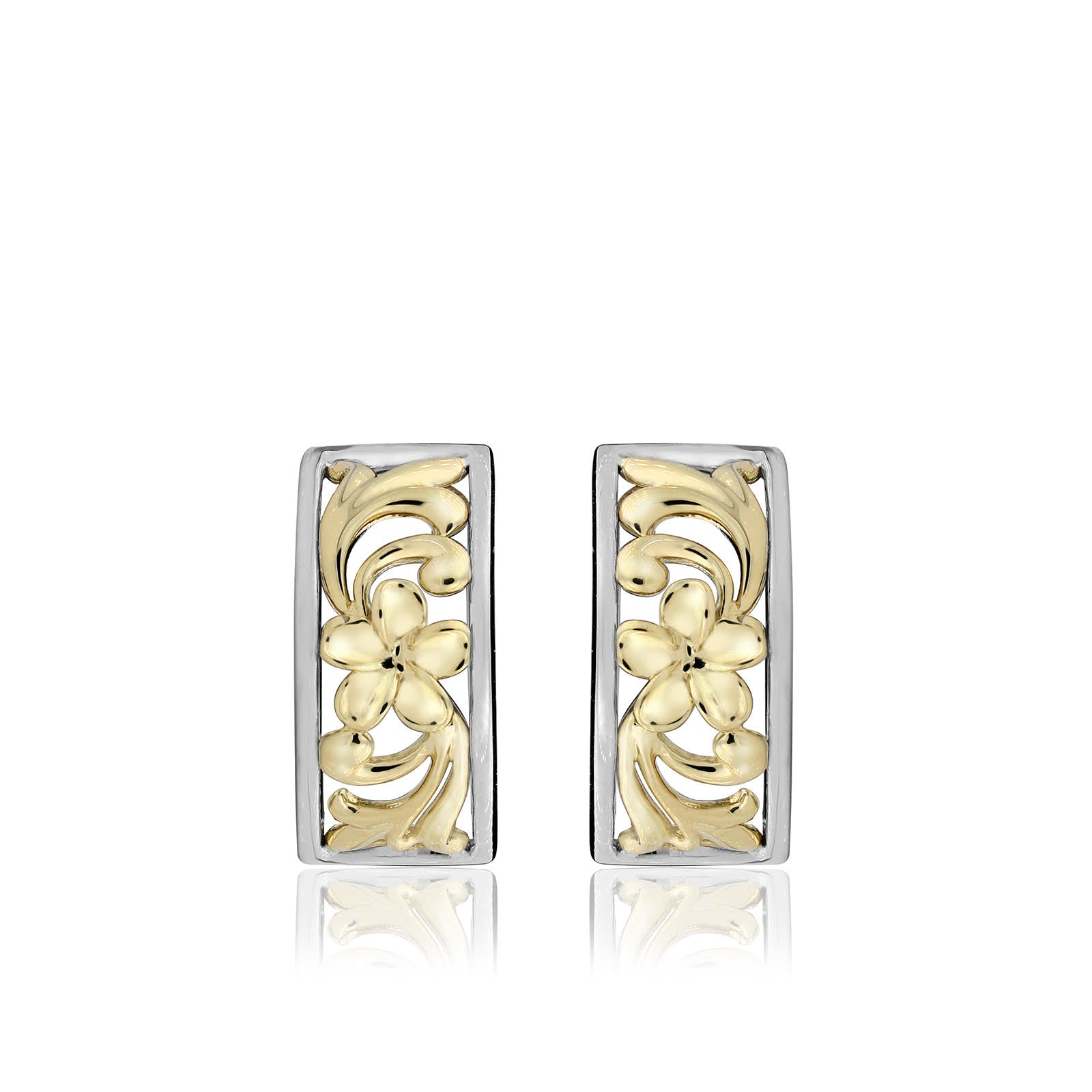 Two Tone Plumeria Scroll Crescent Earrings