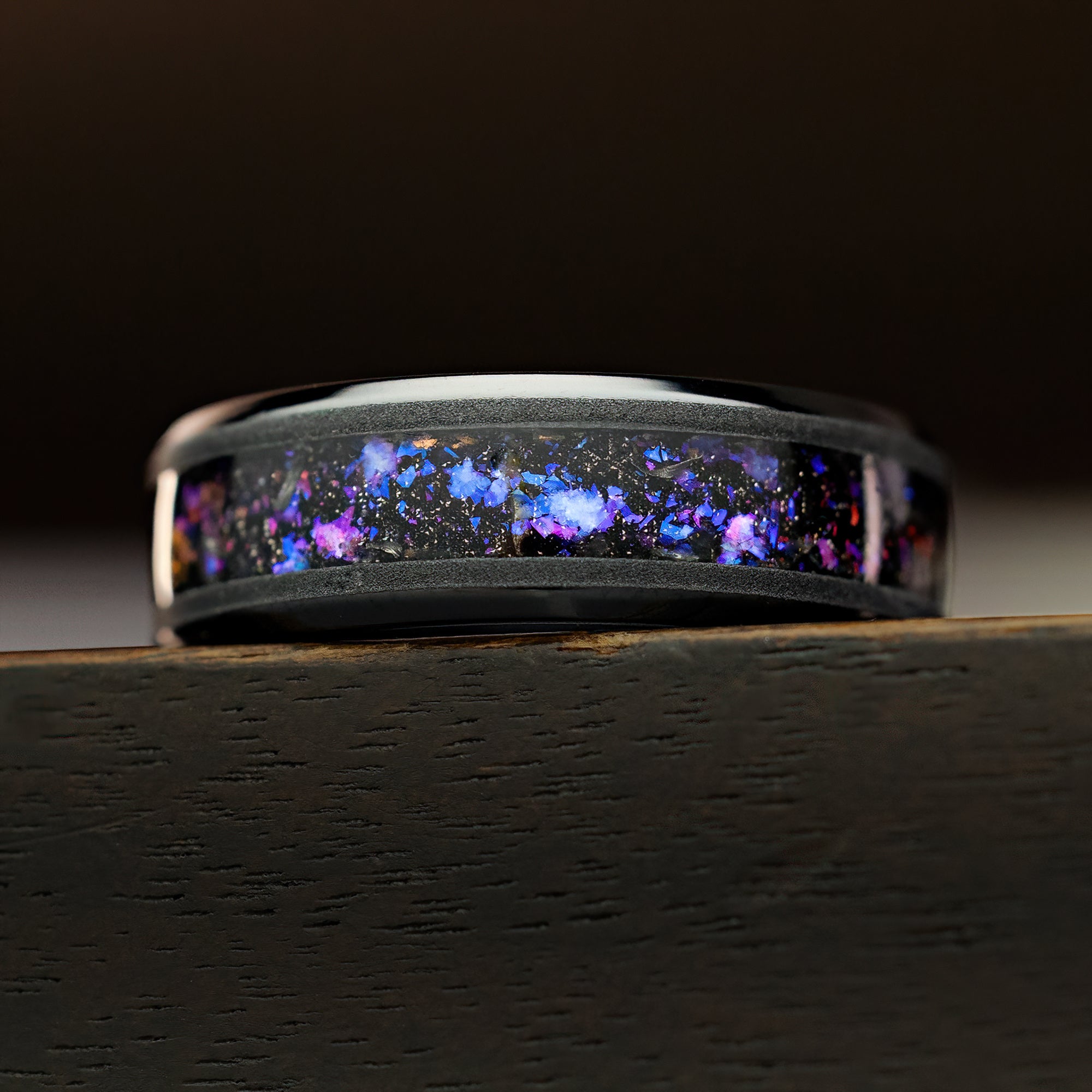 Black Titanium Beveled Ring & Blue Fire Opal