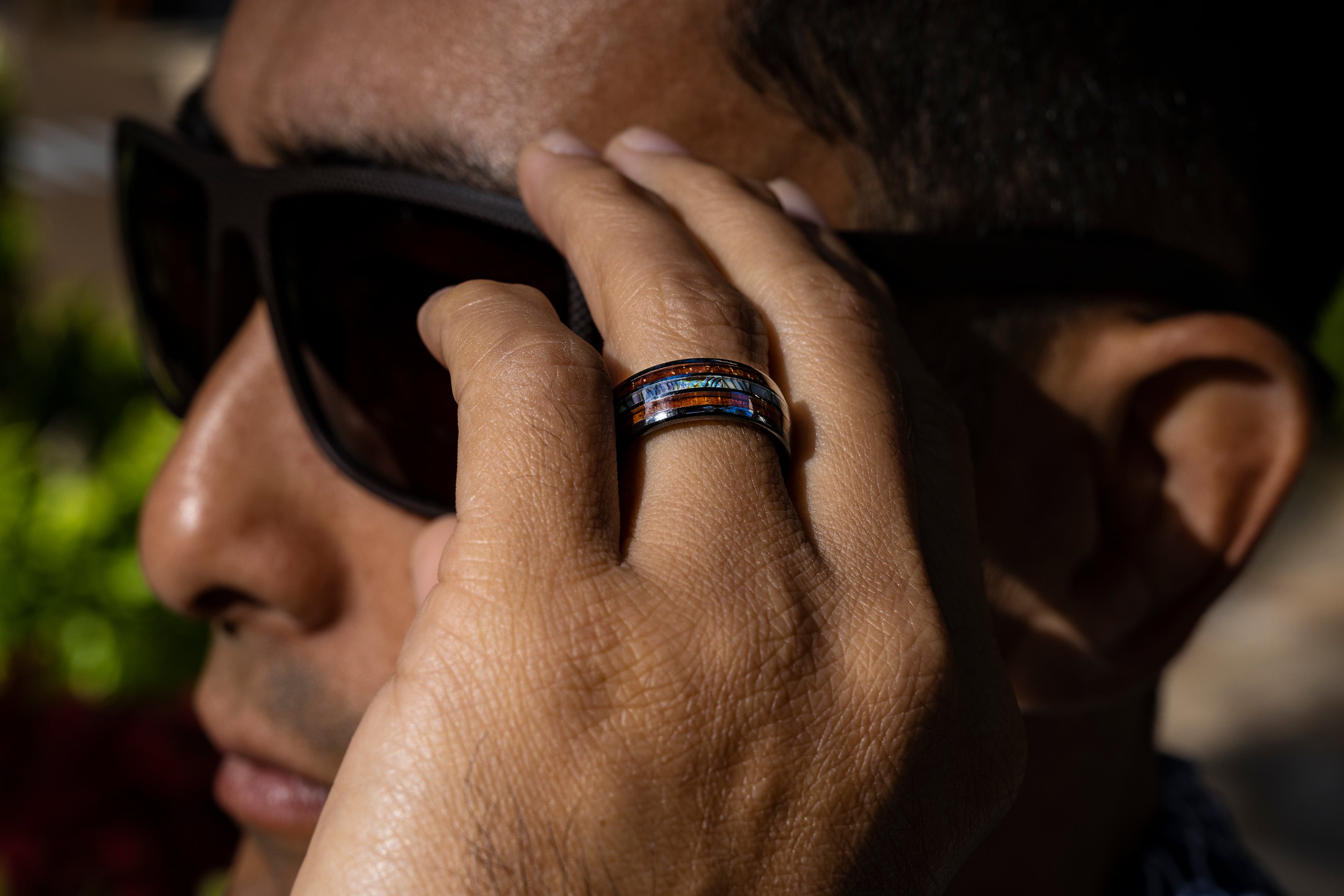 Tungsten Carbide Ring with Abalone Pau'a Shell and Hawaiian Koa Wood Tri Inlay - 8mm, Dome Shape Comfort Fitment