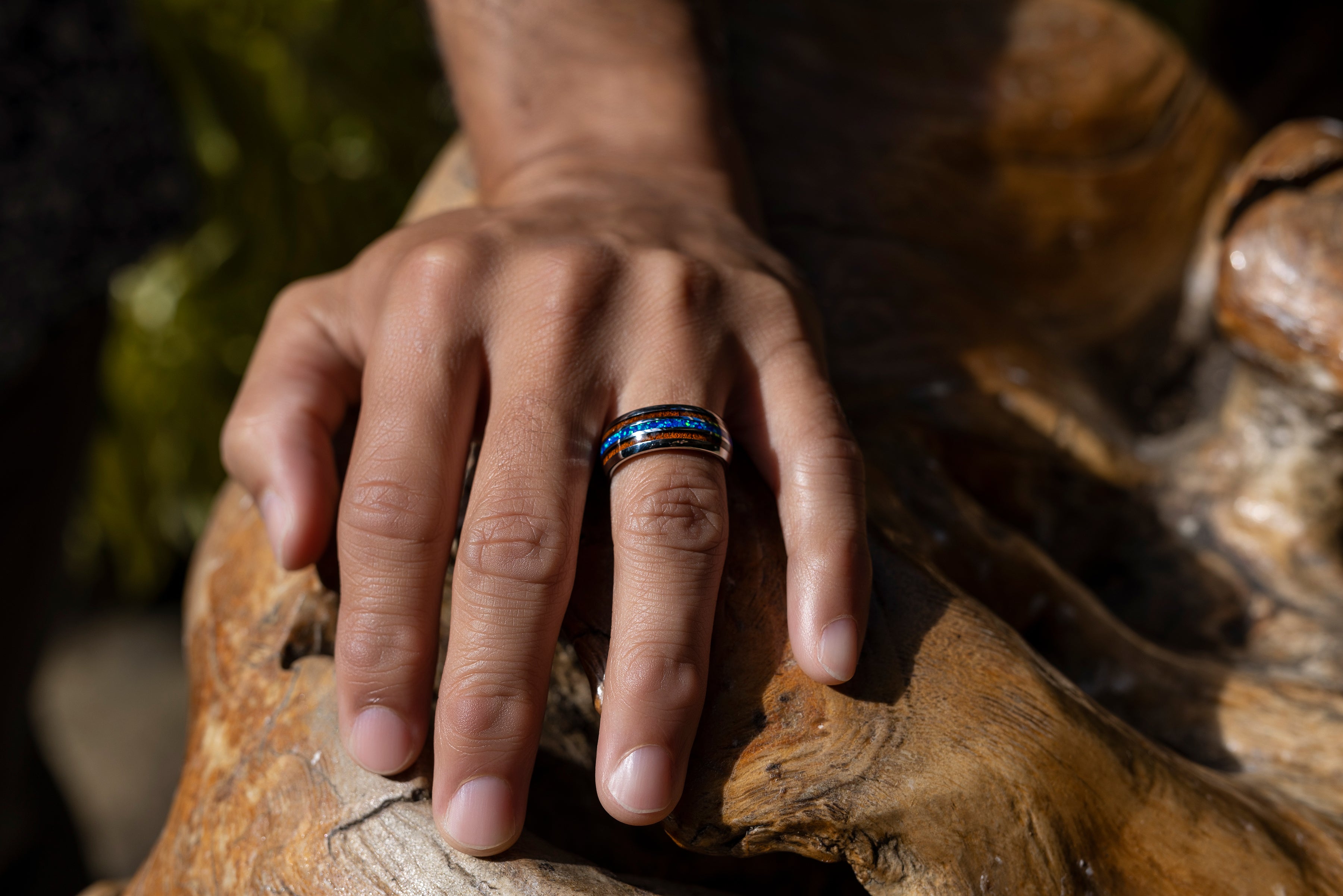 Tungsten Carbide Tri-Inlay Ring [8mm width] Blue Opal & Hawaiian Koa Wood - Barrel Shape, Comfort Fitment