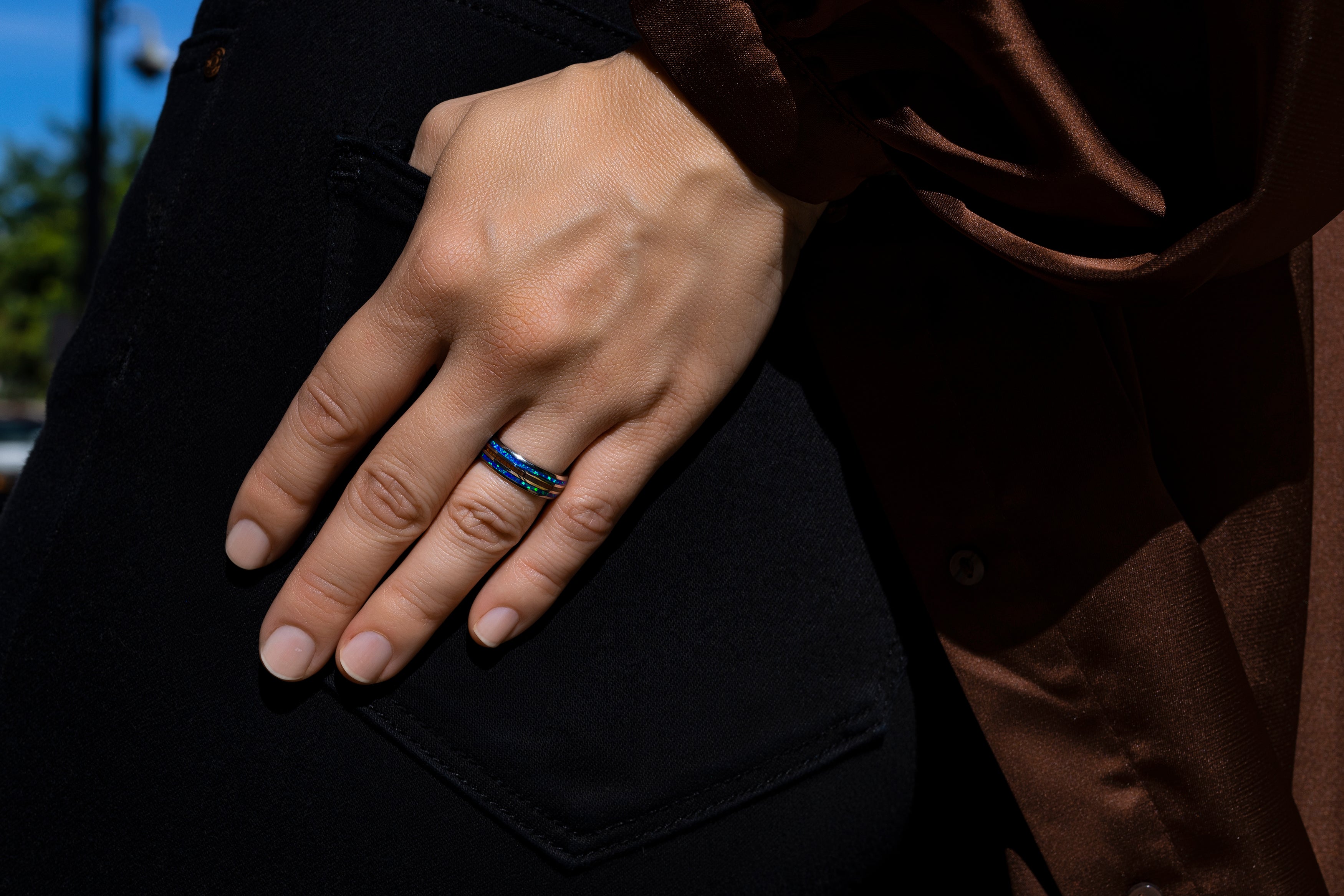 Tungsten Carbide Ring [6mm width] Blue Opal & Hawaiian Koa Wood