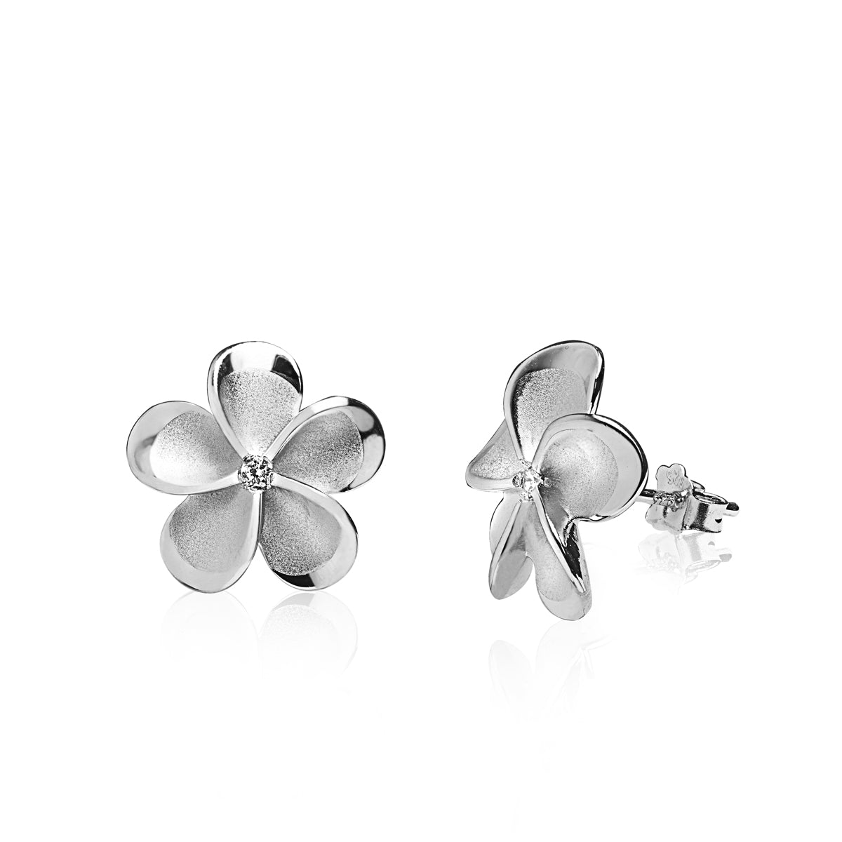 Silver Diamond Center Plumeria Stud Earrings