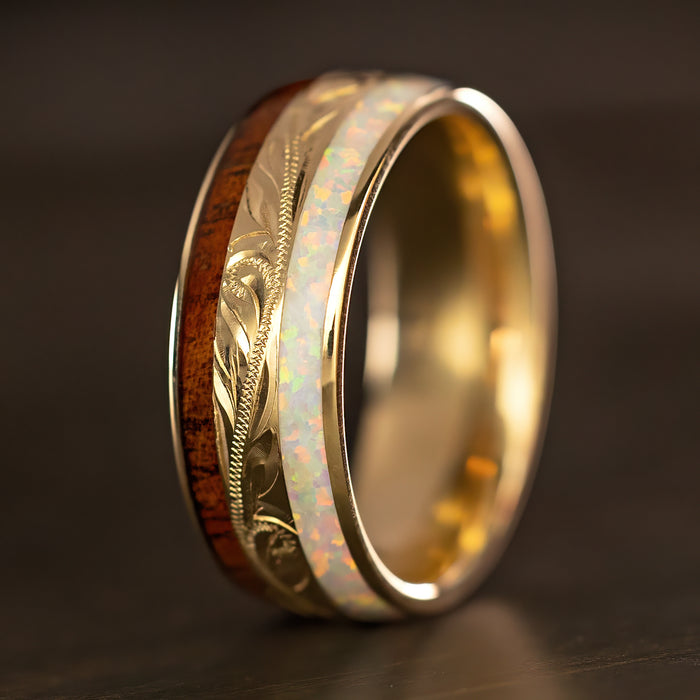 White Opal & Hawaii Koa Wood Solid Gold Ring [Custom Made]