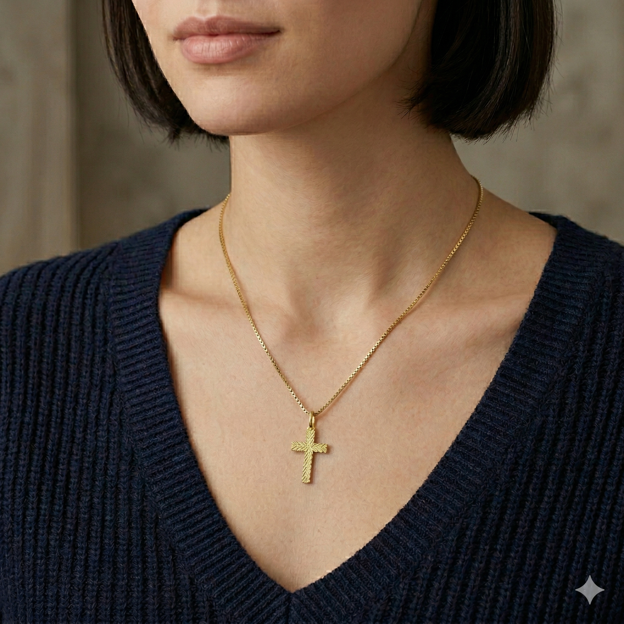 Solid Gold Maile Chevron Cross Pendant