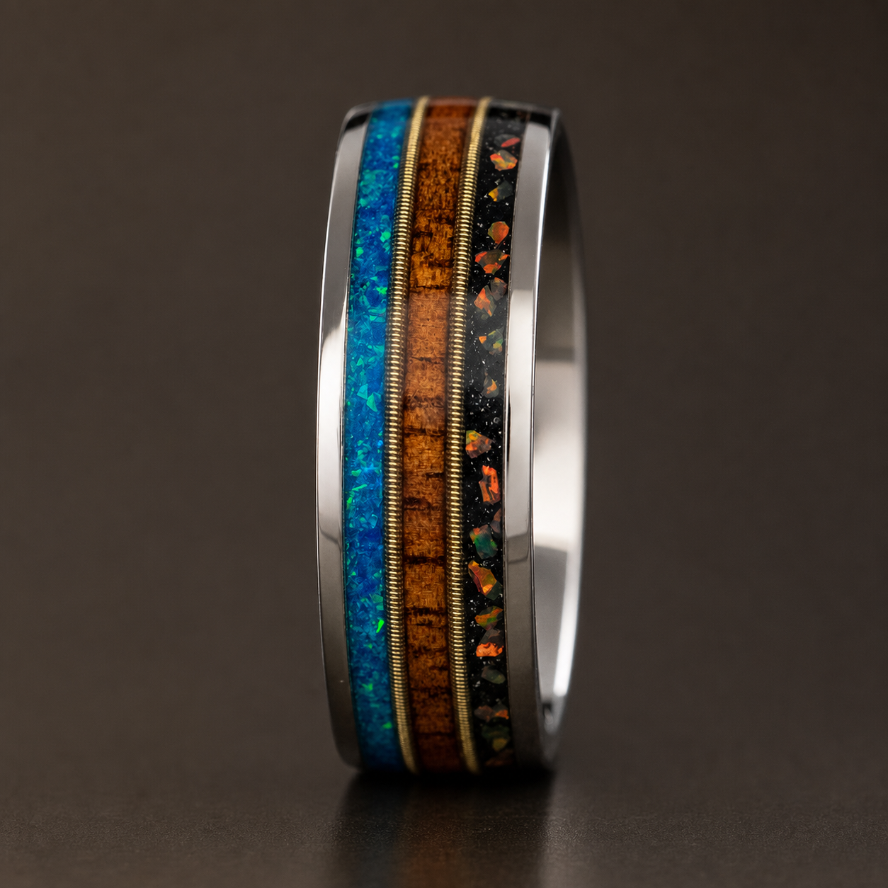 Titanium Guitar String - Blue/Fire Opal Ring [8mm width] Hawai'i Koa Wood
