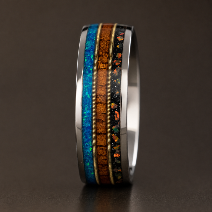 Titanium Guitar String - Blue/Fire Opal Ring [8mm width] Hawai'i Koa Wood