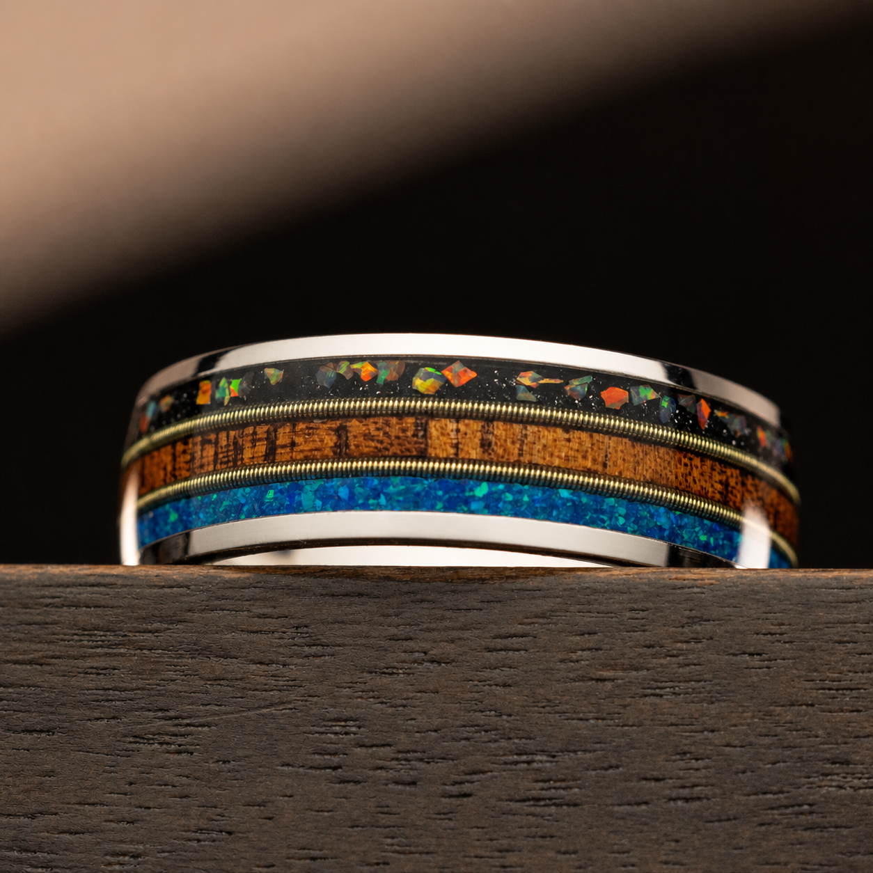 Titanium Guitar String - Blue/Fire Opal Ring [8mm width] Hawai'i Koa Wood