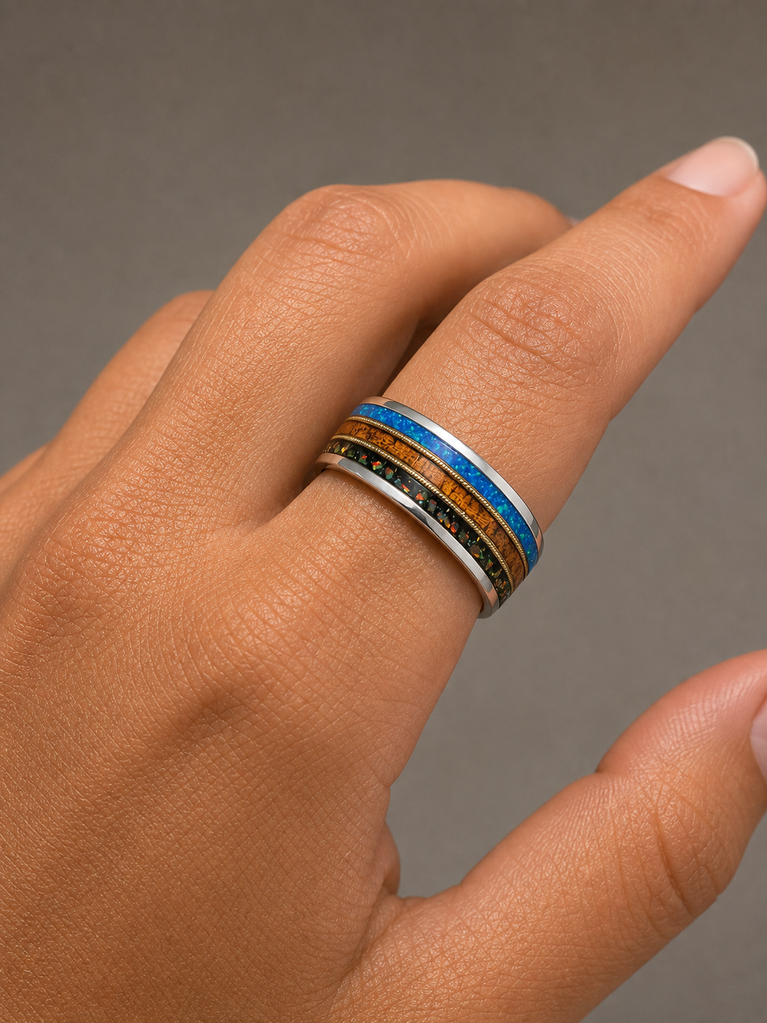 Titanium Guitar String - Blue/Fire Opal Ring [8mm width] Hawai'i Koa Wood