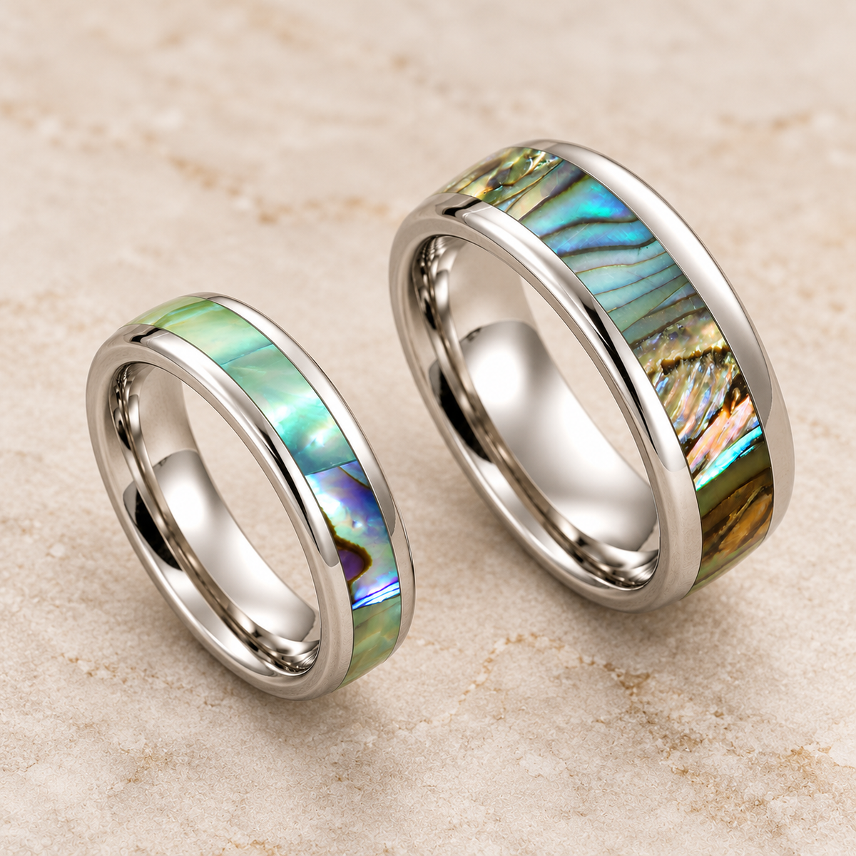 Tungsten carbide Abalone Paua shell 6mm and 8mm ring set, alternate angle