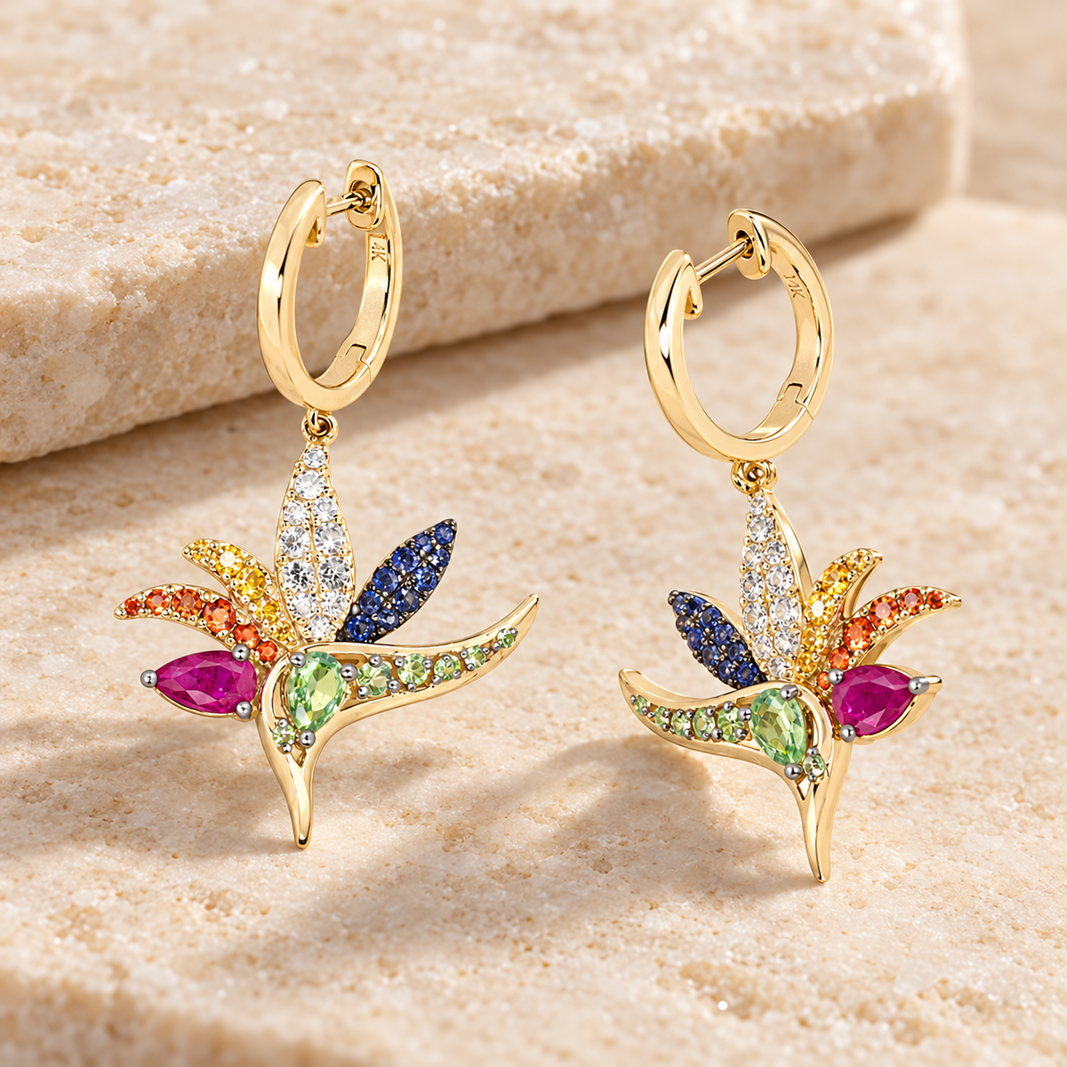 14K yellow gold Bird of Paradise gemstone hoop earrings, alternate angle
