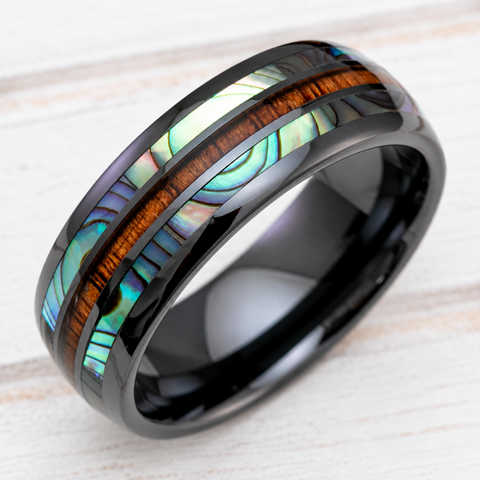 Black ceramic ring with abalone shell and koa wood tri-inlay