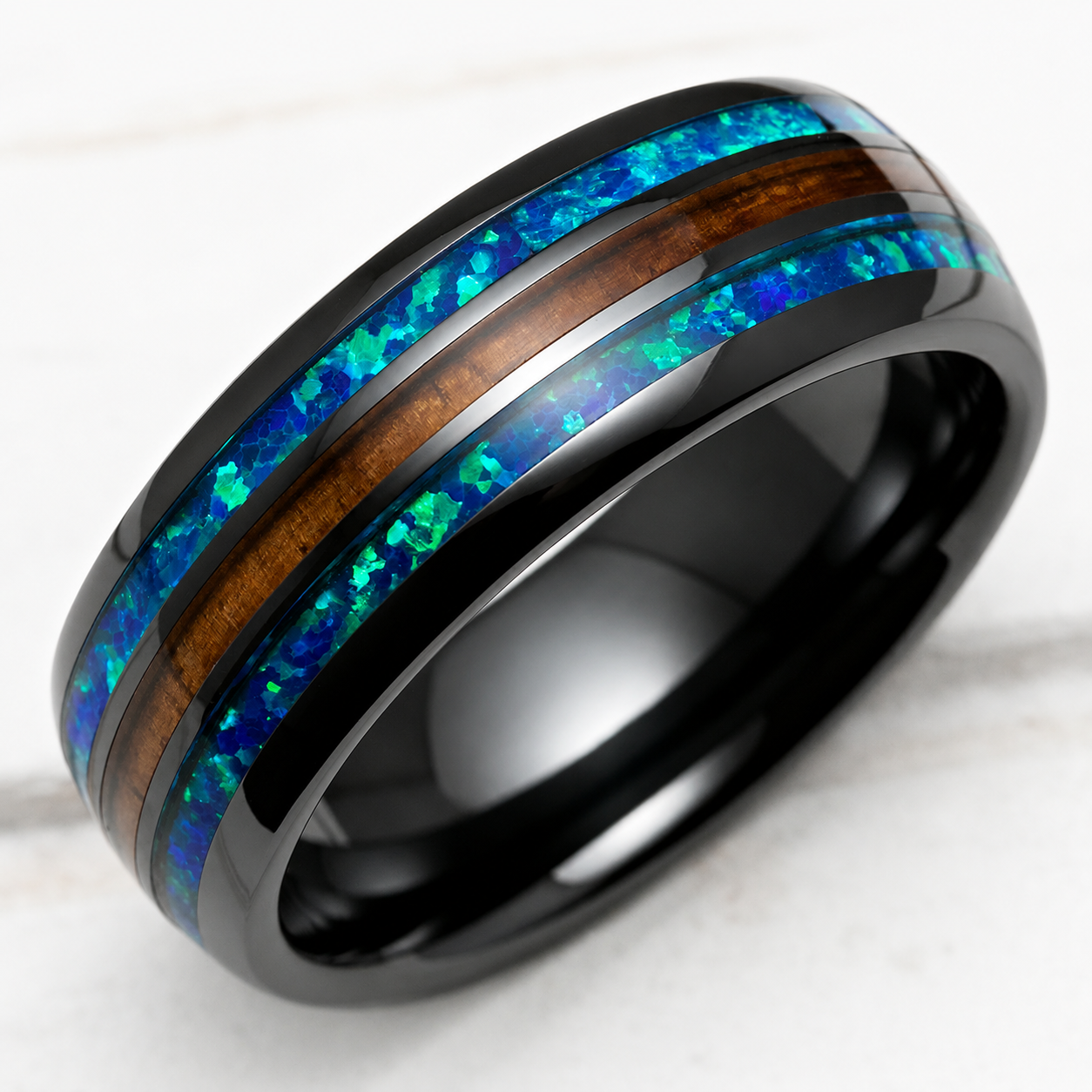 HI-TECH Black Ceramic Ring with Blue Opal & Hawaiian Koa Wood Tri-Inlay (Opal-Wood-Opal) - 8mm, Dome Shape, Comfort Fitment