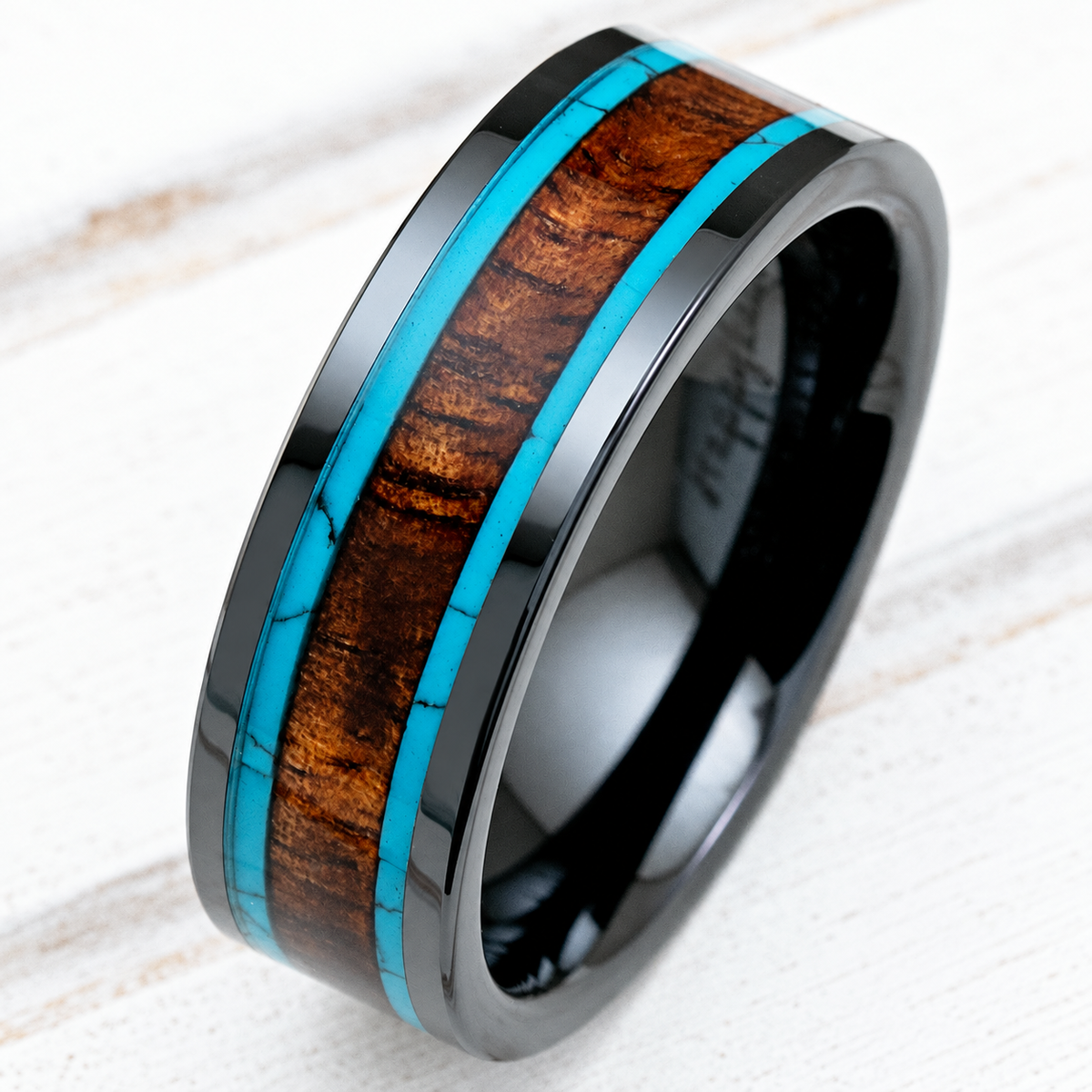Black ceramic ring with koa wood and turquoise inlay