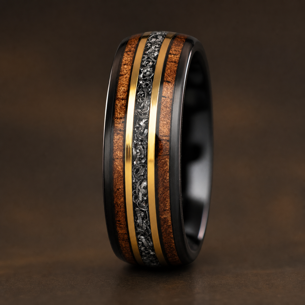 Black Cobalt Ring [8mm width] Meteorite & Hawai'i Koa Wood