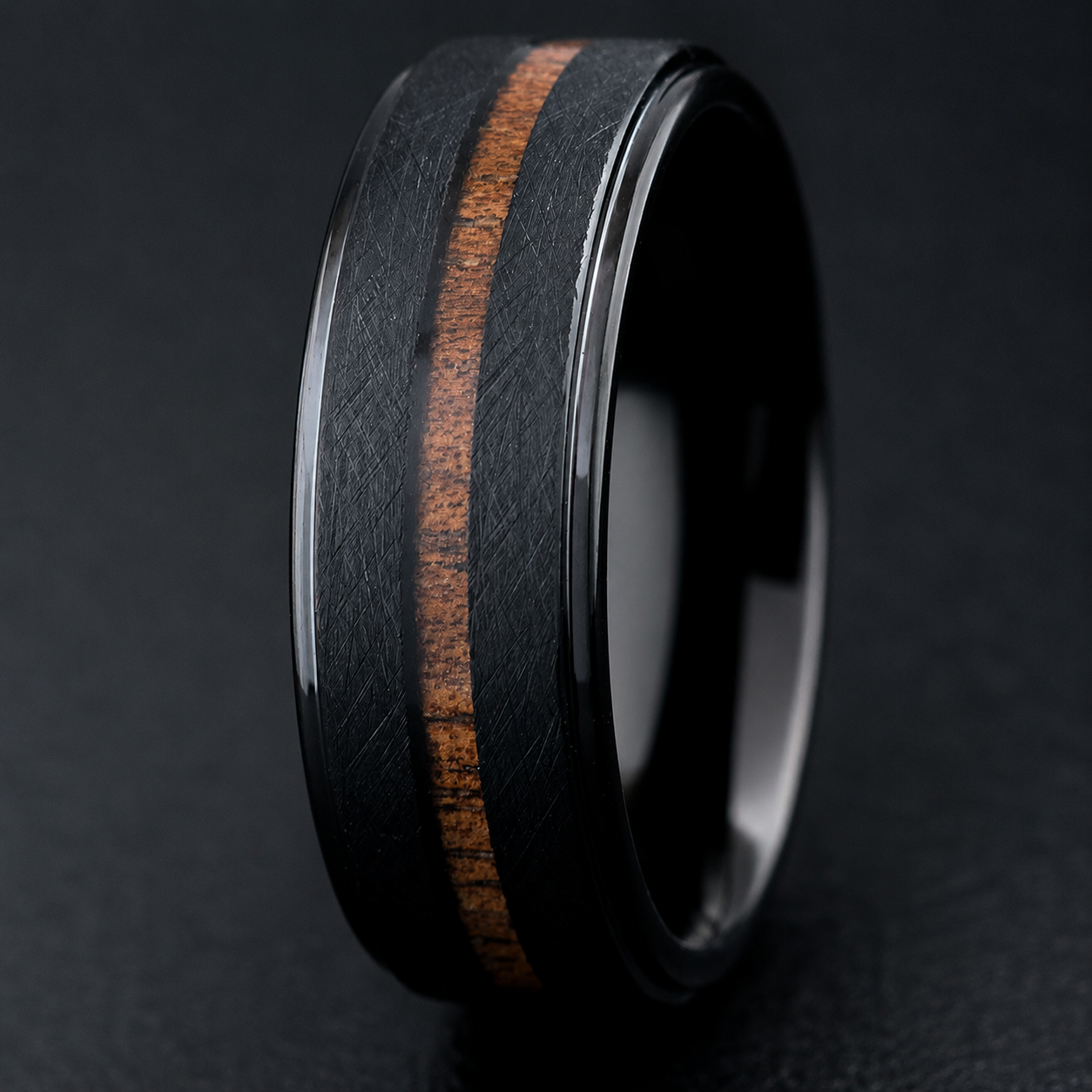 Black Tungsten Carbide Cross Brush Finish Ring with Hawai'i Koa Wood Inlay - 8mm