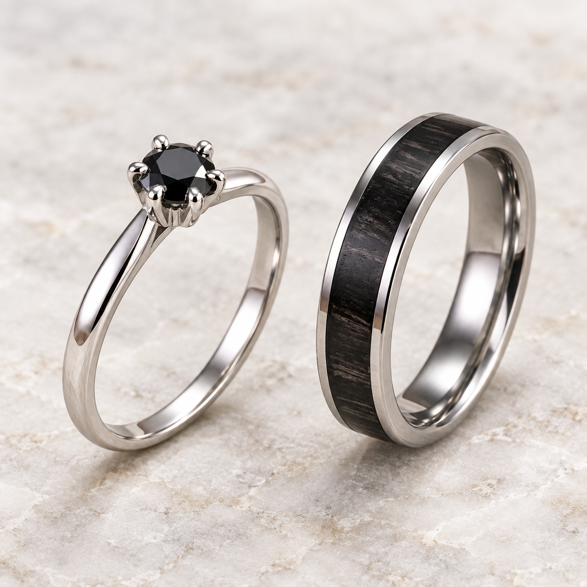 Black diamond solitaire and ebony wood ring set, alternate angle