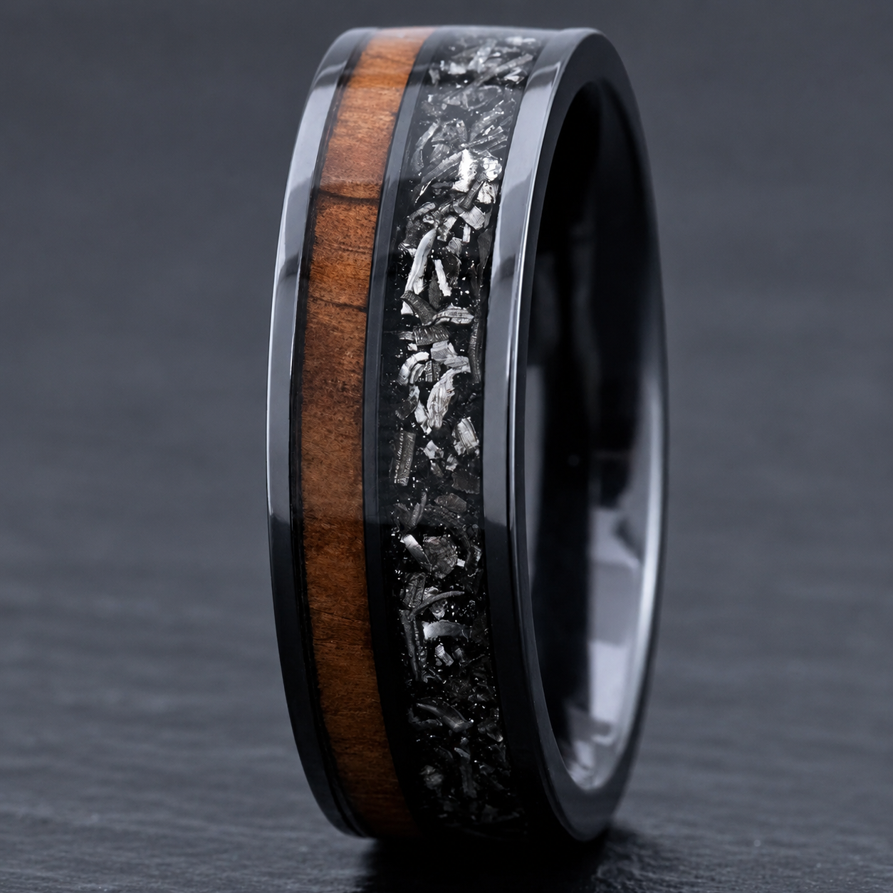 Black Titanium Ring 'Noho ʻana - Way of Life' [7mm width] Gibeon Meteorite & Hawaiian Koa Wood