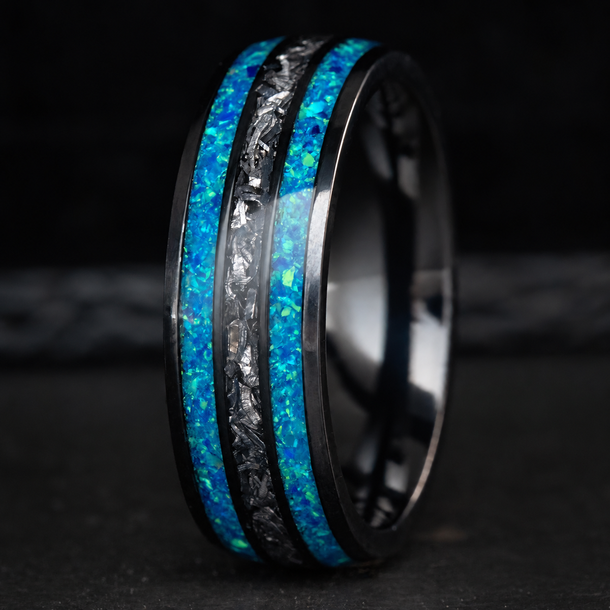Black titanium ring with azure blue opal and meteorite