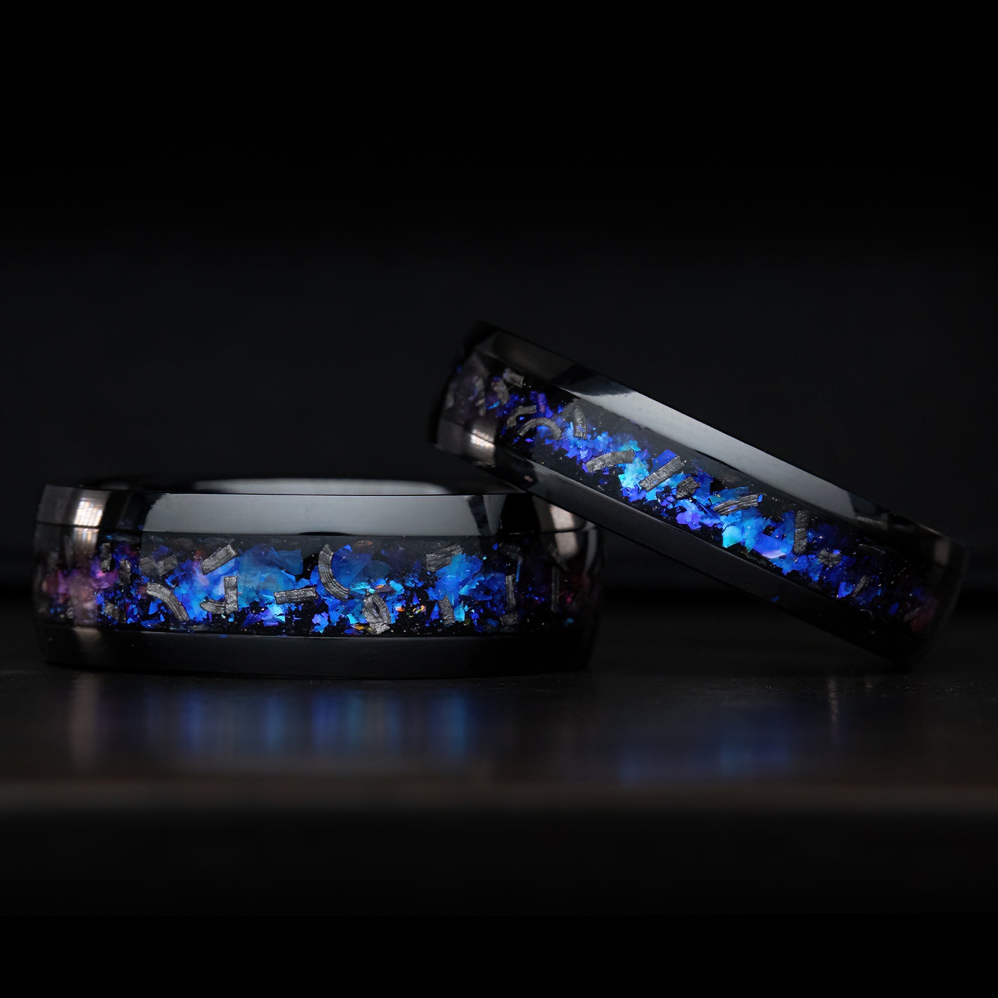 Pair of Blue Fire Opal & Meteorite [6 & 8mm] Black Titanium Ring Set