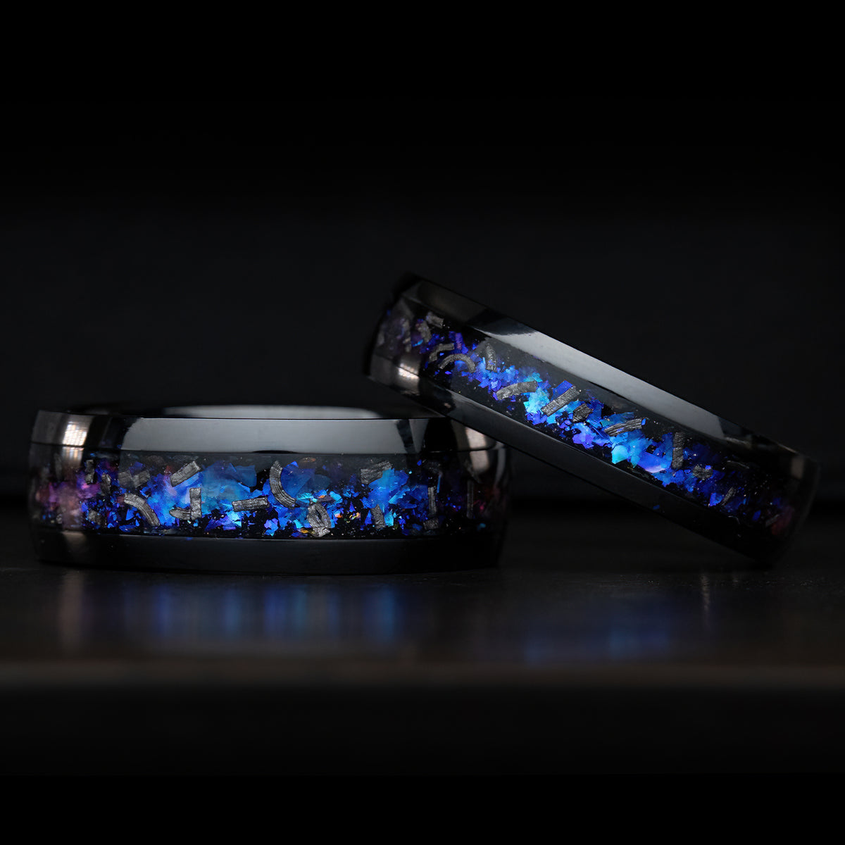 Pair of Blue Fire Opal & Meteorite [6 & 8mm] Black Titanium Ring Set