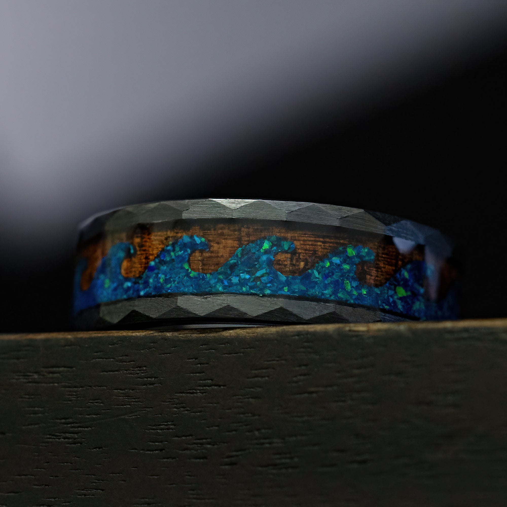 Black Titanium Blue Opal & Koa Wood Wave Ring