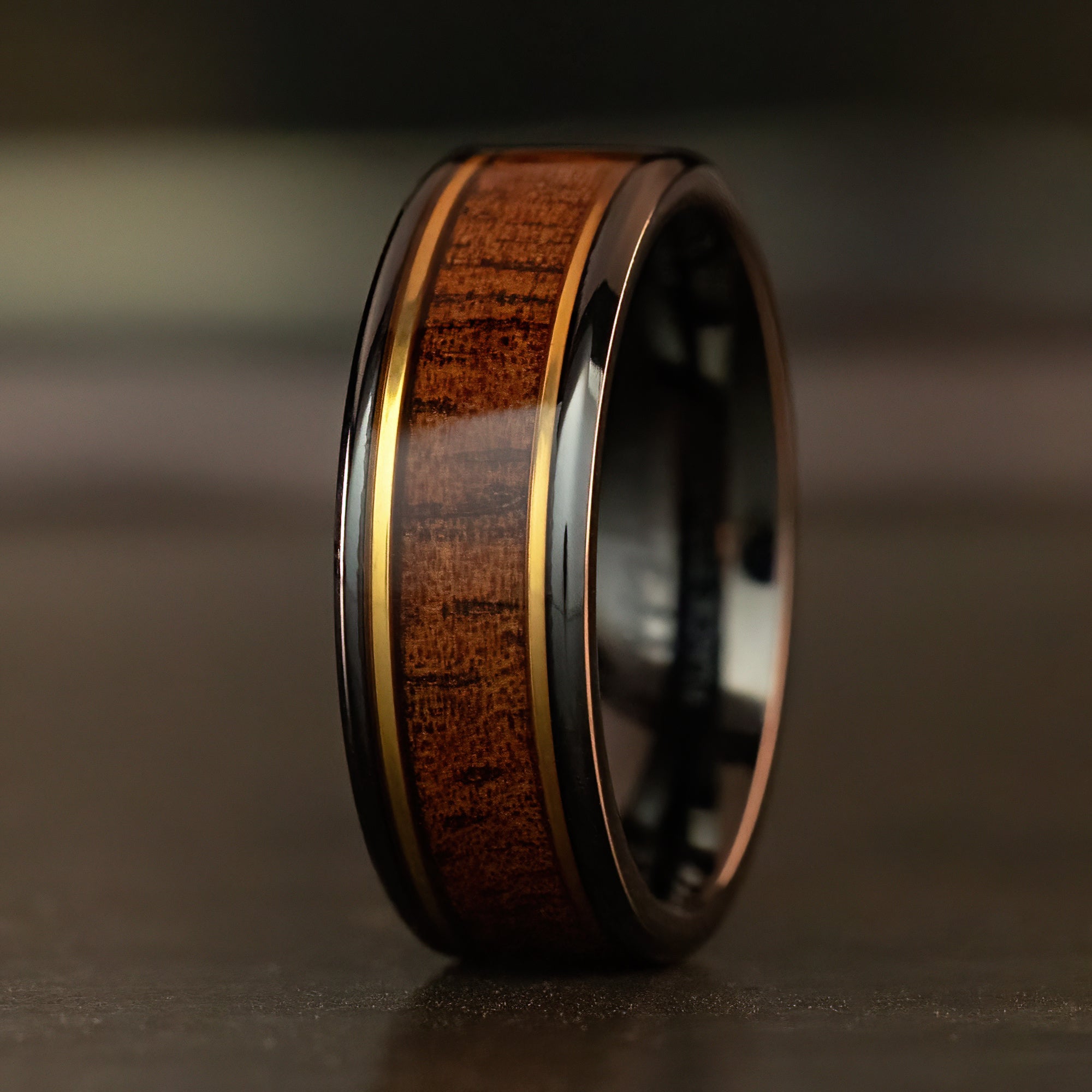Black Titanium Ring Gold Strip with Koa Wood