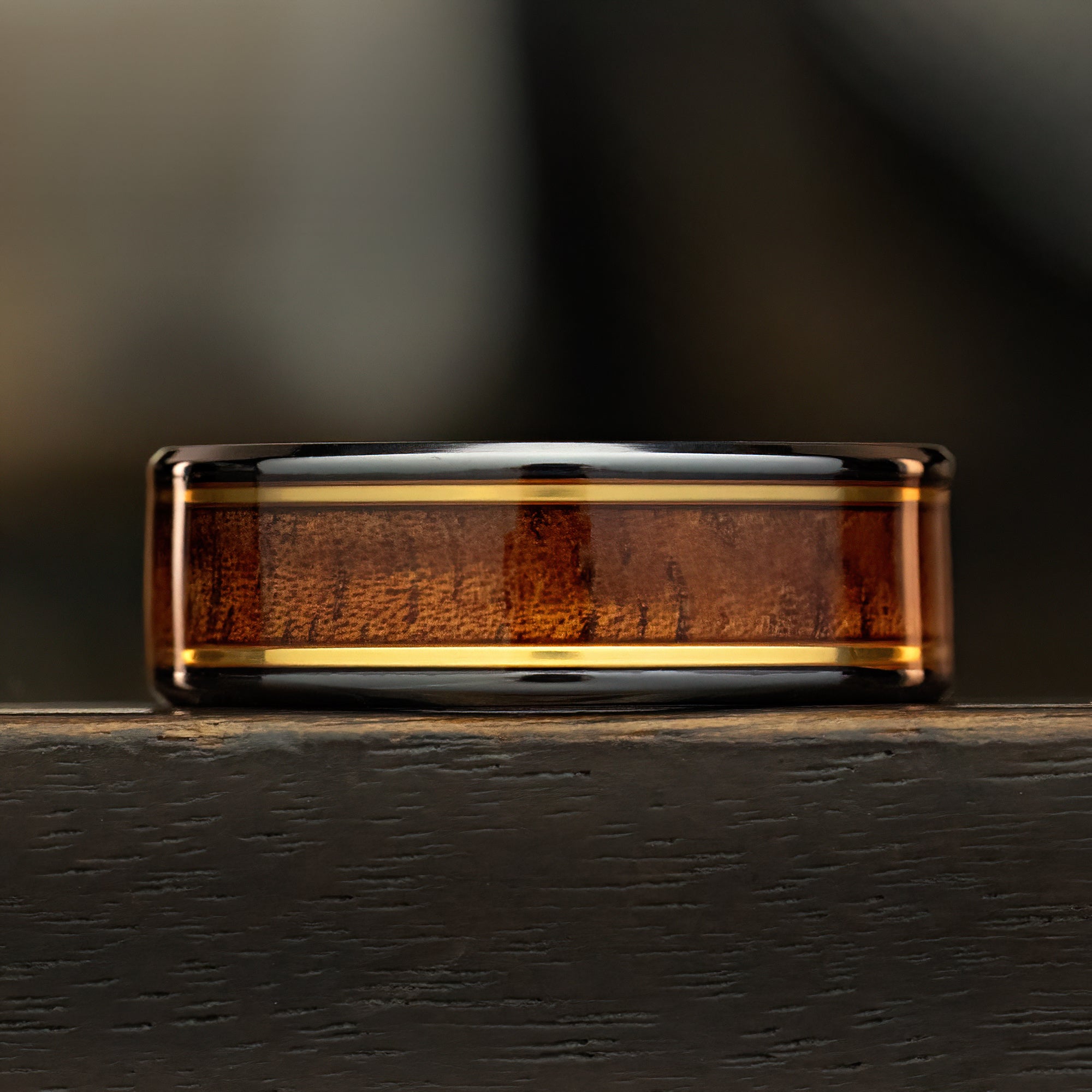 Black Titanium Ring Gold Strip with Koa Wood