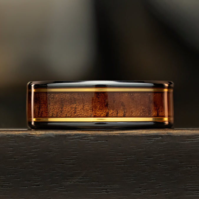 Black Titanium Ring Gold Strip with Koa Wood [8mm width]