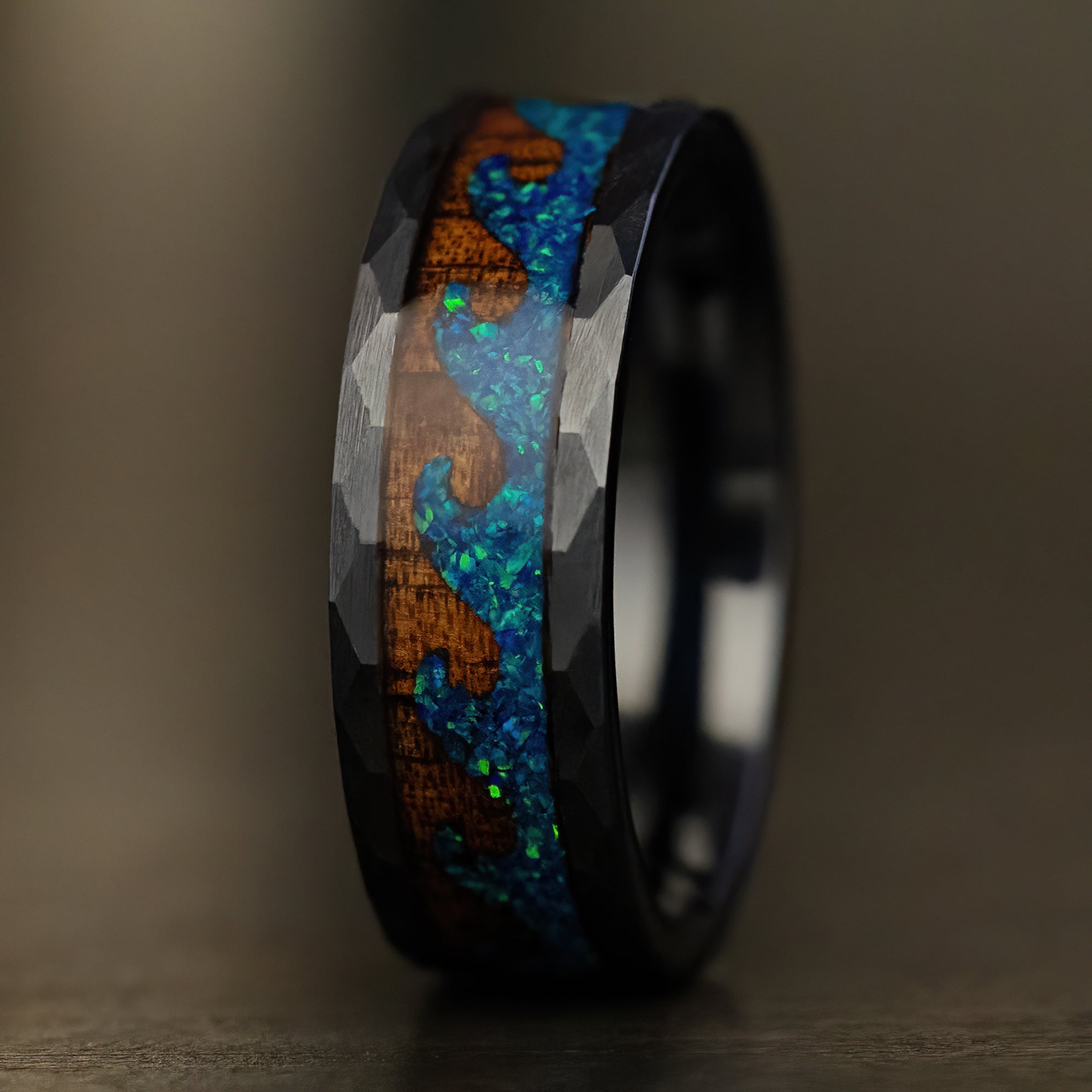Black Titanium Blue Opal & Koa Wood Wave Ring