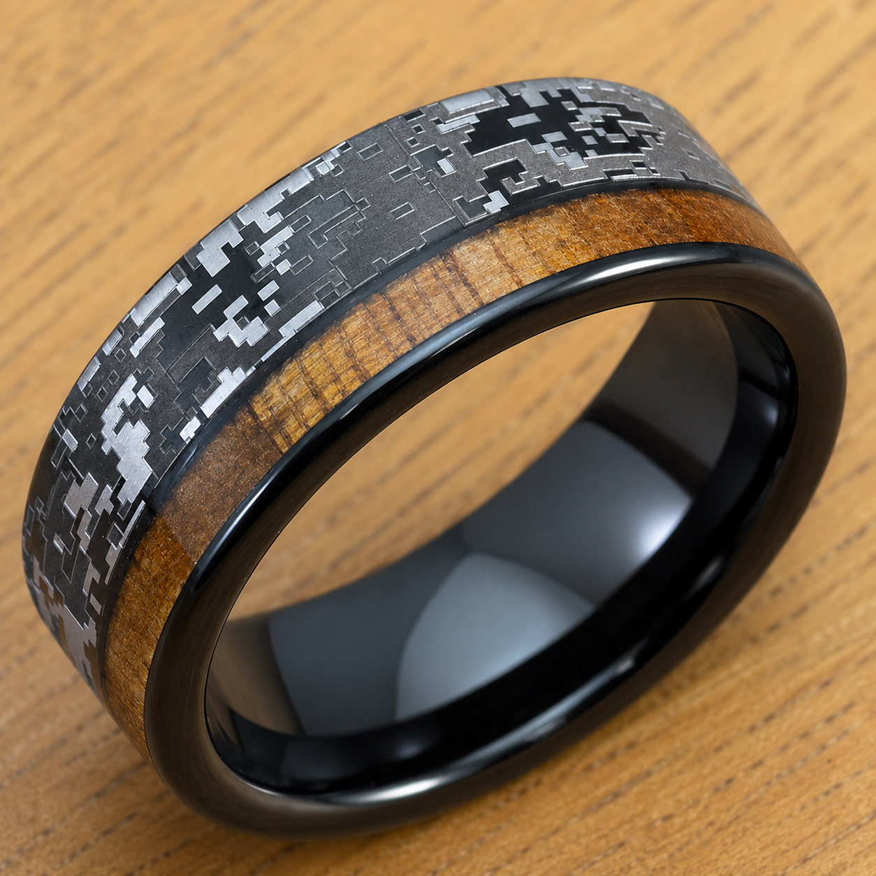 Black Tungsten Carbide Digital Camo Ring with Hawaiian Koa Wood Offset Inlay - 8mm