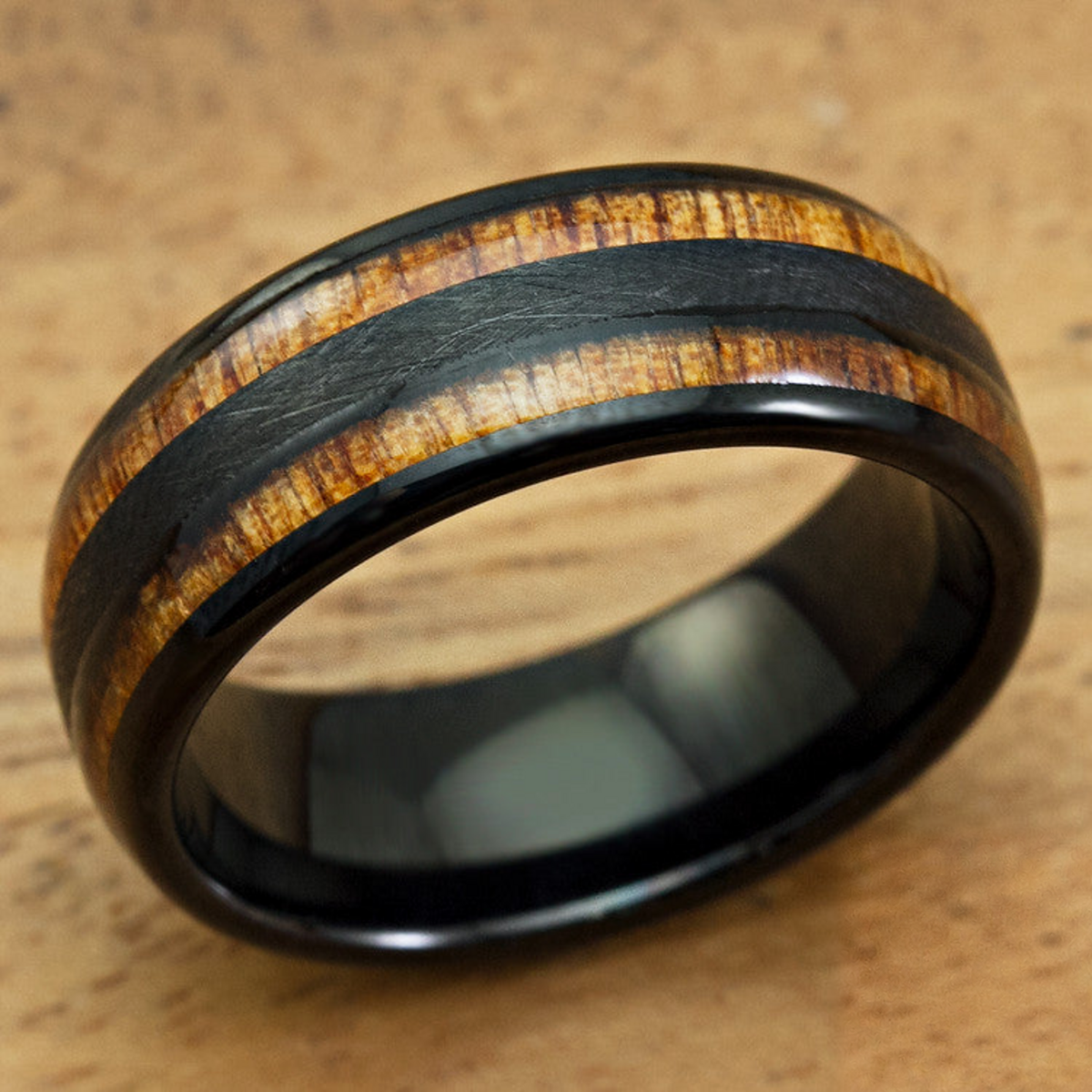 Black Tungsten Carbide Cross Brushed Finished Ring with Duo Koa Wood Inlay - 8mm, Dome Shape, Comfort Fitment