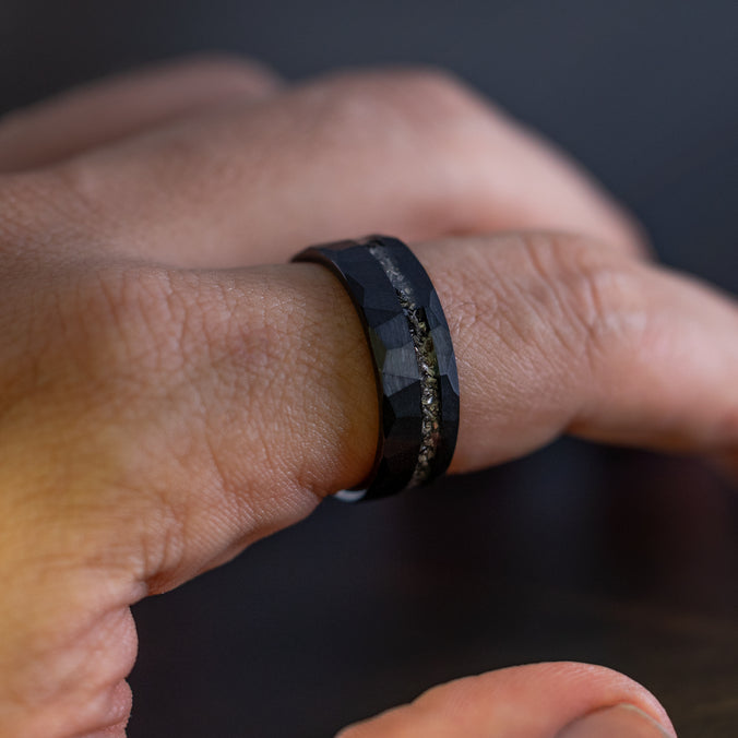 Black Tungsten Hammered Stonewashed Ring [8mm width] Meteorite Inlay