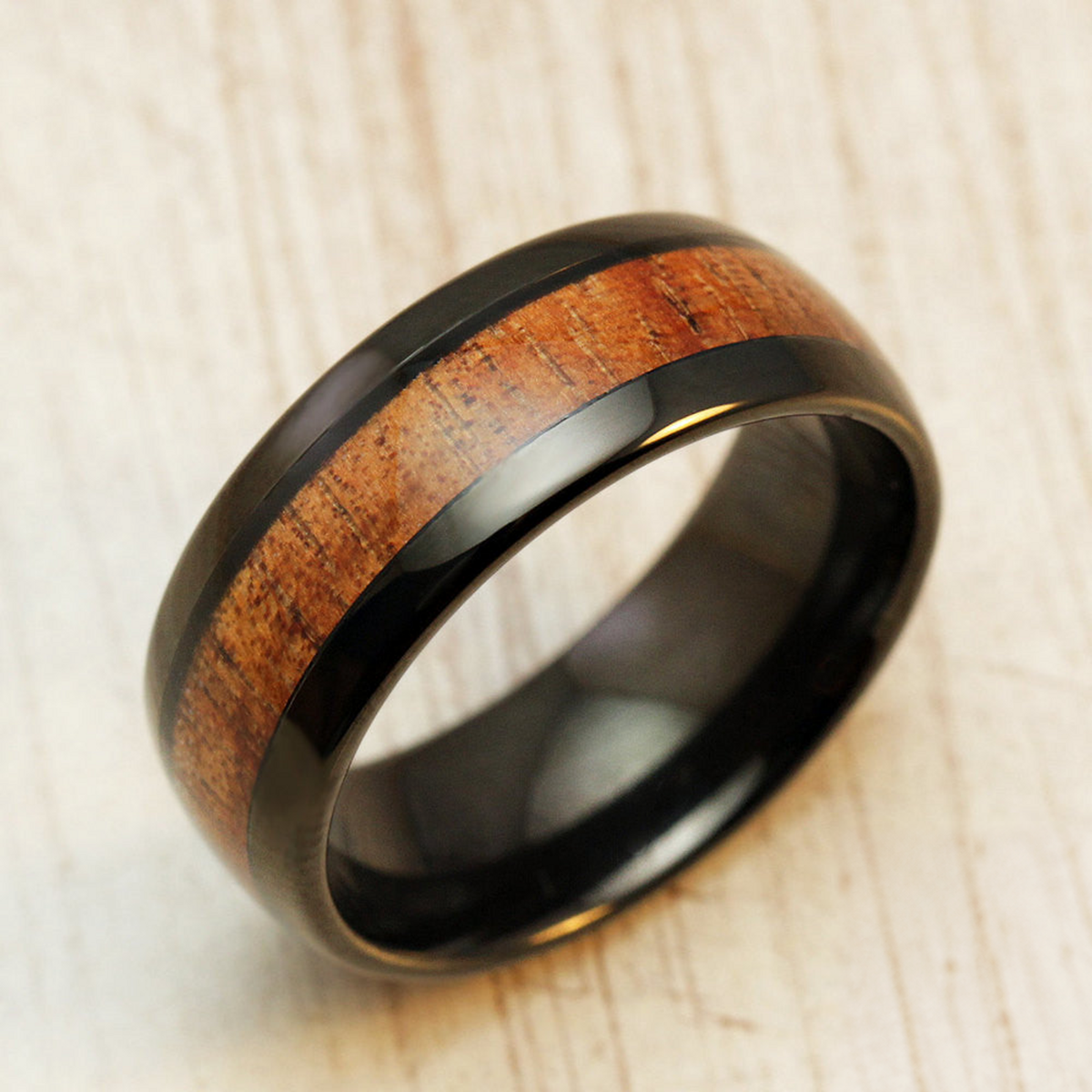 Black Tungsten Carbide Ring with Koa Wood Inlay - 8mm, Dome Shape, Comfort Fitment